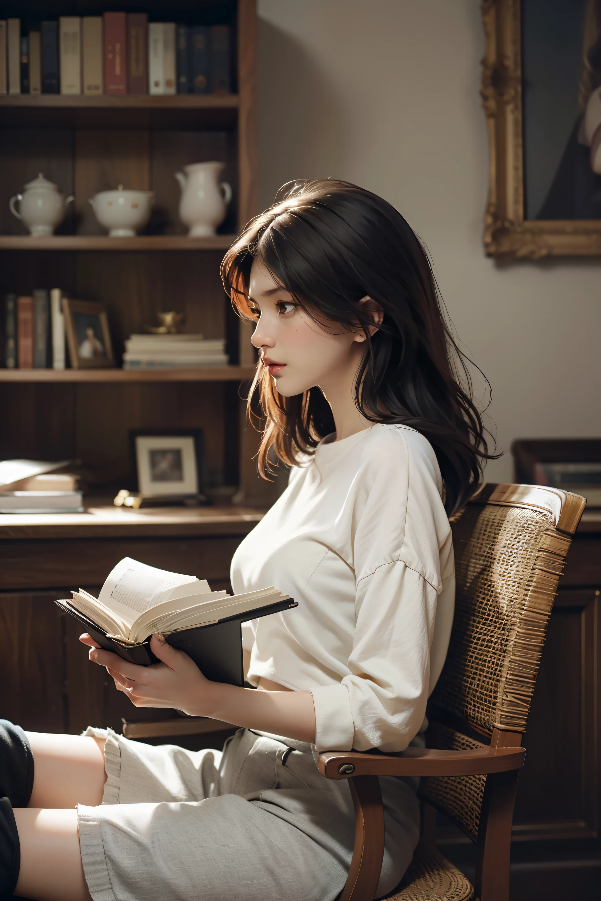 profile、Looking to the side、The gaze is directed to the book、Bianca Balti、Looking at a book、Woman sitting on chair、Woman photographed from the left、Reading a book、beautiful、perfection、