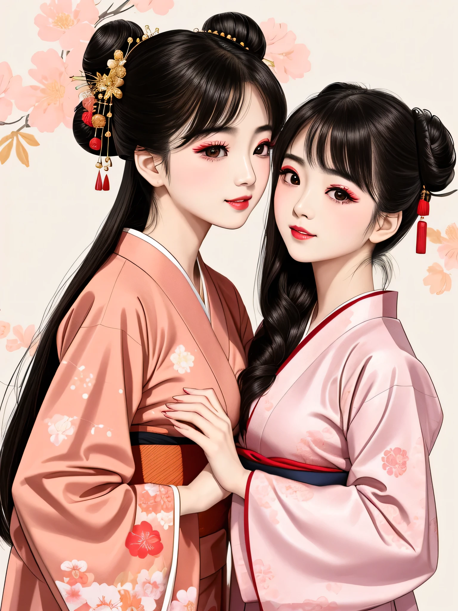 Each has a different expression２People and sisters、(２ girls）、｟Dancing traditional arts with grace)、((Big Breasts、Small Face、Not exposed))、highest quality、masterpiece、（Black Hair、Bun Hair）、Brown Eyes、｟Wide angle、Angle from above the waist、Pause on the magazine cover、Their gazes are different, gazing into the distance｠、(８K High Quality、masterpiece、High resolution、Realistic and beautiful light and shadow、(highest quality)、(High Resolution)、(Very delicate and beautiful)、(Beautiful 8k face)、(With a smile、Beautiful eyes)、(Clear skin)、(Soft hair)、(８Head to Body)、(A Japanese style yukata kimono with red, pink and orange floral patterns on a white background, interspersed with gold powder、Wearing a yukata２Beautiful Japanese girls)、((Tanabata decoration background))、((Small Face))、(arms up)、Thin and small nose、（Red lipstick）、（Make your cheeks red）、（Glossy skin）、((Ink painting style))、Very thin eyebrows、Overall ultra-high image quality、（She is wearing maiko-style makeup.）、Whitening、Long and beautiful eyelashes、Glowing Skin、（Red cheeks）,Straight nose、masterpiece、highest quality、whole body、 Eyebrows visible through hair、Bun Hair、Grin、Gal、Gal、Viewer&#39;s Eyes、Plaid、Stylish、woman、fine、Pause、
Waiting to start 
