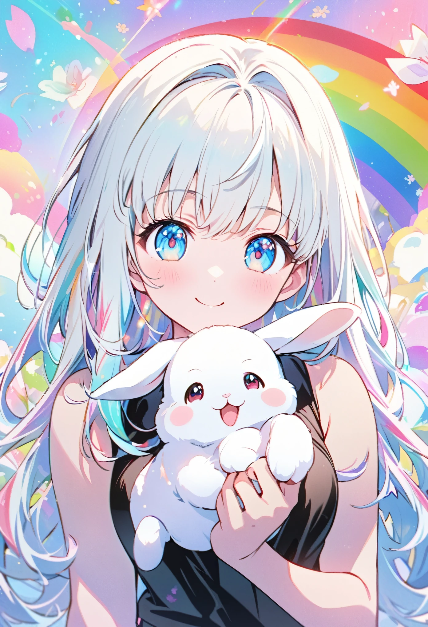 Japanese anime, a baby rabbit and a girl, under a rainbow-colored sky, a baby rabbit, carefully written, a smiling cute girl, a baby rabbit, and flowers, bold and strong line drawings, vivid thick paint, bright plain colors. Background, beautiful evidence, maximum resolution 16K, beautiful anime girl betrayed by a baby rabbit, long hair, baby rabbit, beautiful light cyan highlights are beautiful Gentle eyes, sparkling background, gentle air with diamond highlights Beautiful girl with good bright colorful hair, black tank top and miniskirt, thick aquarelle color, colorful, honeydew and diamonds, light cyan and white and light effects, wallpaper, architecture, high quality, high image quality, large amount of drawing , pixiv illustration, transparency, Japanese anime, upper body, white tone, delicate brushstrokes, unique colors