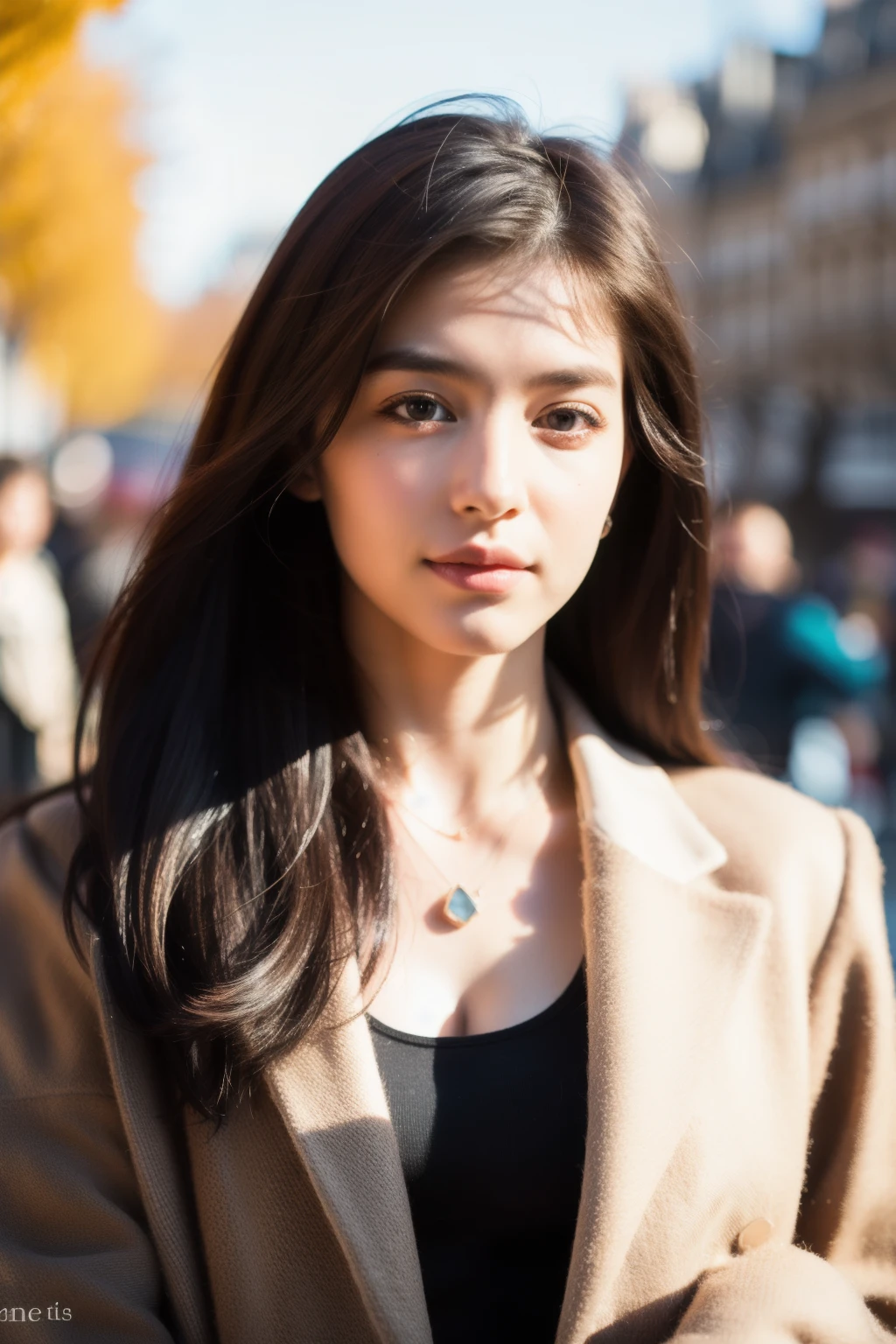 youth,1 girl of European appearance,I look at the viewer, Whole body,Jewelry, necklace, realistic, Brown hair, blurred background, blurred,bang, Brown eyes,Paris,fashion,peoples in the background, Winter coat,
dynamic pose, Blur,
warm sun,summer,the forest