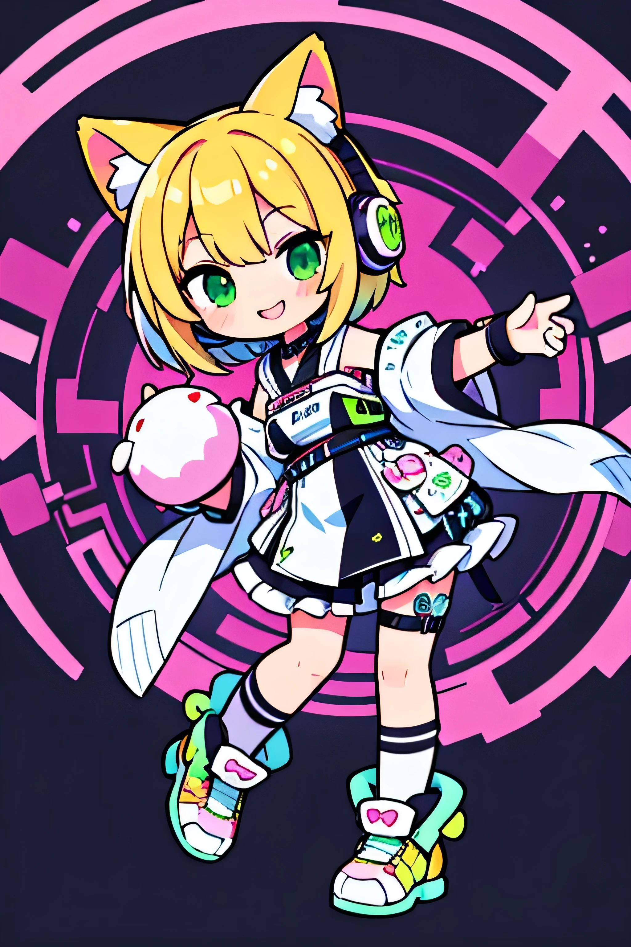 smile, idol, A kawaii mascot character design of simple 2D, Bob with green short hair, cat ears wearing headphones, bold LINE art, Girl,Create a highly detailed, full body illustration of a deformed character in a cyberpunk anime style, --ar 16:9 --niji 5 --style cute --s 100