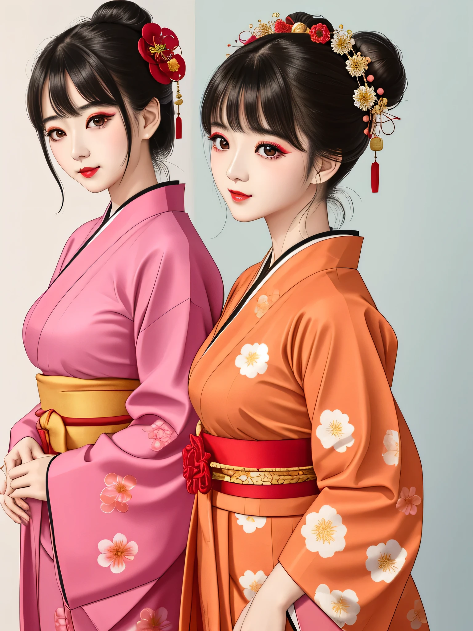 Each has a different expression2People and sisters、(2 girls)、⦅Dancing traditional arts with grace)、((Big Breasts、Small Face、Not exposed))、highest quality、masterpiece、(Black Hair、Bun Hair)、Brown Eyes、⦅Wide angle、Angle from above the waist and diagonally below、Pause on the magazine cover、Their gazes are different, gazing into the distance⦆、(8K High Quality、masterpiece、High resolution、Realistic and beautiful light and shadow、(highest quality)、(High Resolution)、(Very delicate and beautiful)、(Beautiful 8k face)、(With a smile、Beautiful eyes)、(Clear skin)、(Soft hair)、(8Head to Body)、(A Japanese style yukata kimono with red, pink and orange floral patterns on a white background, interspersed with gold powder、Five beautiful Japanese girls wearing yukata)、((Tanabata decoration background))、((Small Face))、(arms up)、Thin and small nose、(Red lipstick)、(Make your cheeks red)、(Glossy skin)、((Ink painting style))、Very thin eyebrows、Overall ultra-high image quality、(She is wearing maiko-style makeup.)、Whitening、Long and beautiful eyelashes、Glowing Skin、(Red cheeks),Straight nose、masterpiece、highest quality、whole body、 Eyebrows visible through hair、Bun Hair、Grin、Gal、Gal、Viewer's Eyes、Plaid、Stylish、woman、fine、Pause、
Waiting to start