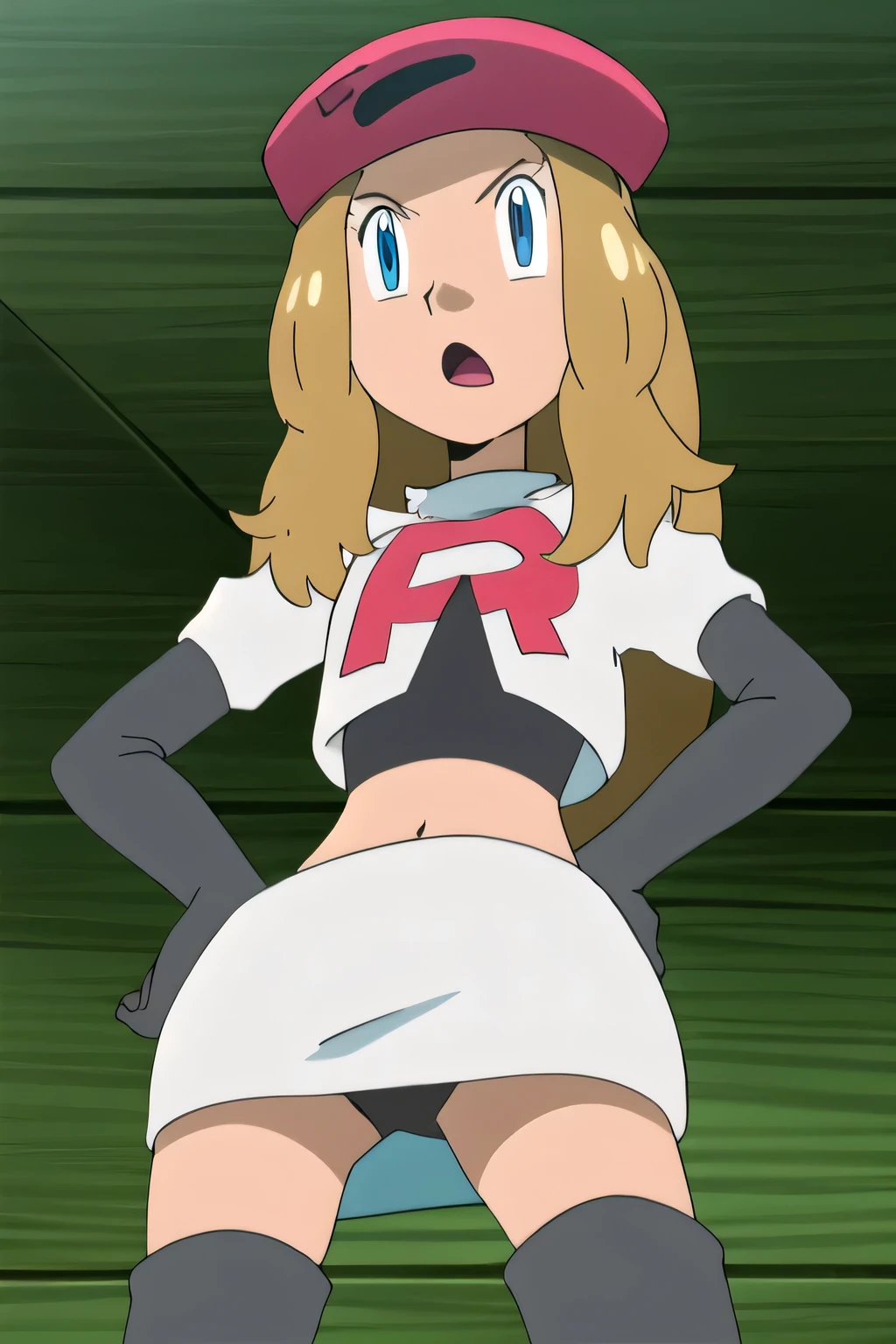 masterpiece,best quality,high res,high quality,8k, masterpiece,highres, team rocket uniform, red letter r, white skirt,white crop top,black thigh-high boots, black elbow gloves, glaring angrily, looking down at viewer, hands on hips, cowboy shot, zettai ryouiki,spread legs,from below, black panties,anime style, vivid colors, sharp focus, intense lighting,serena (pokemon), pink headwear_