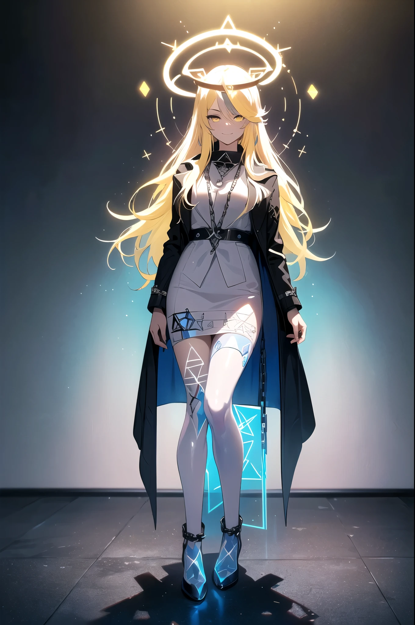 (blonde hair, long hair, sidelocks), (eyes with a mix of yellow and blue irises:1.5), two-tone eyes, multicolored eyes gradient eyes, white and blue jacket with constellation prints, (best quality,4k,8k,highres,masterpiece:1.2), ultra-detailed, portraits, (HDR:1.1), (vivid colors:1.1), (studio lighting), (bokeh), (highly saturated colors), (soft lighting), (detailed background), (subtle shadows), (ethereal glow), (pastel color palette), (delicate details), (sublime beauty), (feminine charm), (crisp focus), (fine brushwork), (impeccable craftsmanship), (emotional depth), (captivating storytelling), (intriguing narrative), (impressive realism), (exceptional artistry), (masterpiece-worthy), (awe-inspiring), blonde hair, very long hair, sidelocks, (eyes with a mix of yellow and blue irises:1.5), (two-tone eyes:1.5), (multicolored irises:1.5), multicolored eyes (gradient eyes:1.5), white and blue jacket with constellation prints, metallic skirt, (smug:1.5), (smirk), naughty face, mischievous, futuristic clothing, science fiction setting, high-tech, glowing eyes, (unicursal hexagram-shaped irises), (full body:1.5), (chains:1.5), (holographic halo:1.5), (unicursal hexagram halo:1.5)