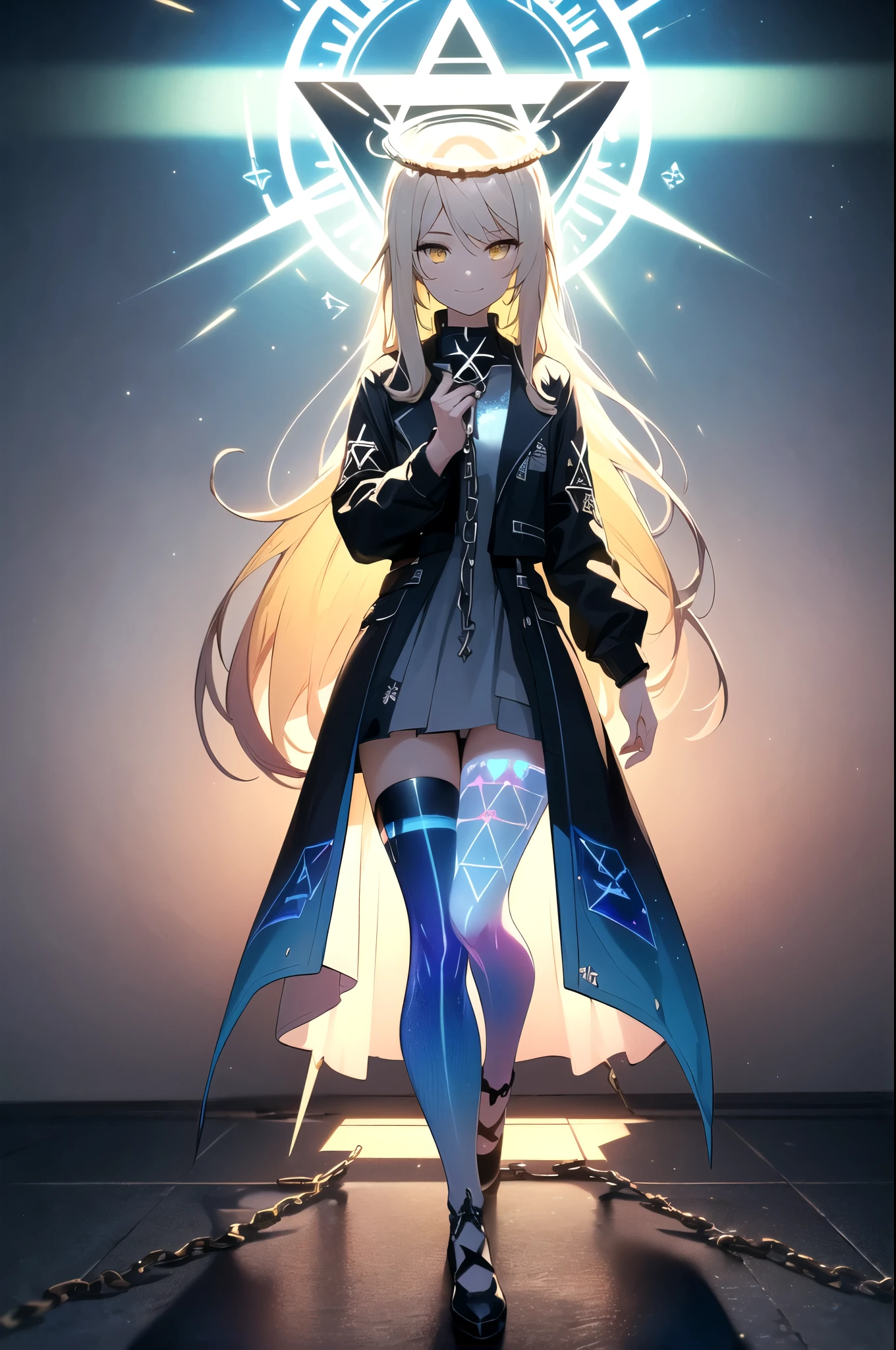 (blonde hair, long hair, sidelocks), (eyes with a mix of yellow and blue irises:1.5), two-tone eyes, multicolored eyes gradient eyes, white and blue jacket with constellation prints, (best quality,4k,8k,highres,masterpiece:1.2), ultra-detailed, portraits, (HDR:1.1), (vivid colors:1.1), (studio lighting), (bokeh), (highly saturated colors), (soft lighting), (detailed background), (subtle shadows), (ethereal glow), (pastel color palette), (delicate details), (sublime beauty), (feminine charm), (crisp focus), (fine brushwork), (impeccable craftsmanship), (emotional depth), (captivating storytelling), (intriguing narrative), (impressive realism), (exceptional artistry), (masterpiece-worthy), (awe-inspiring), blonde hair, very long hair, sidelocks, (eyes with a mix of yellow and blue irises:1.5), (two-tone eyes:1.5), (multicolored irises:1.5), multicolored eyes (gradient eyes:1.5), white and blue jacket with constellation prints, metallic skirt, (smug:1.5), (smirk), naughty face, mischievous, futuristic clothing, science fiction setting, high-tech, glowing eyes, (unicursal hexagram-shaped irises), (full body:1.5), (chains:1.5), (holographic halo:1.5), (unicursal hexagram halo:1.5)