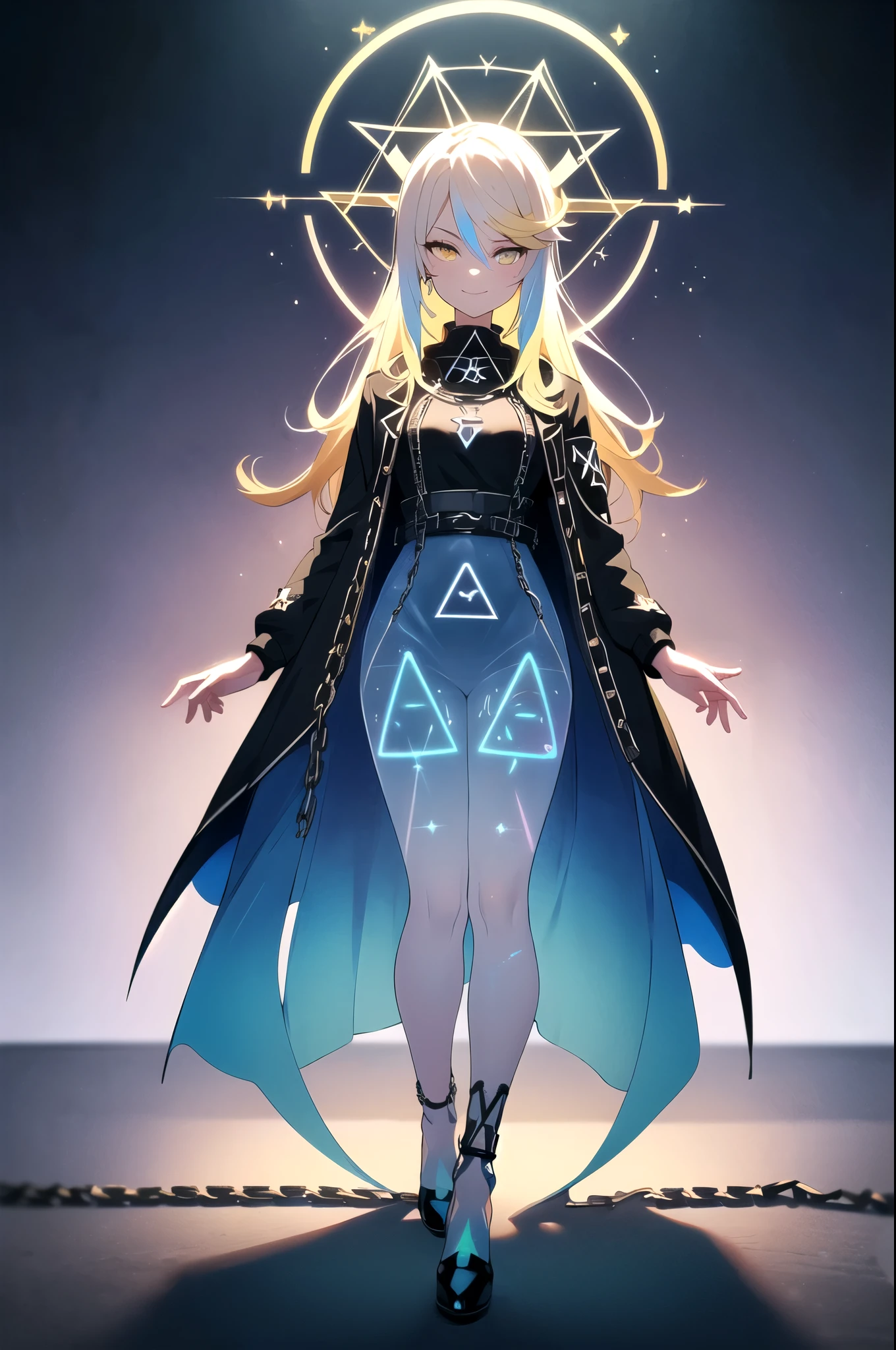 (blonde hair, long hair, sidelocks), (eyes with a mix of yellow and blue irises:1.5), two-tone eyes, multicolored eyes gradient eyes, white and blue jacket with constellation prints, (best quality,4k,8k,highres,masterpiece:1.2), ultra-detailed, portraits, (HDR:1.1), (vivid colors:1.1), (studio lighting), (bokeh), (highly saturated colors), (soft lighting), (detailed background), (subtle shadows), (ethereal glow), (pastel color palette), (delicate details), (sublime beauty), (feminine charm), (crisp focus), (fine brushwork), (impeccable craftsmanship), (emotional depth), (captivating storytelling), (intriguing narrative), (impressive realism), (exceptional artistry), (masterpiece-worthy), (awe-inspiring), blonde hair, very long hair, sidelocks, (eyes with a mix of yellow and blue irises:1.5), (two-tone eyes:1.5), (multicolored irises:1.5), multicolored eyes (gradient eyes:1.5), white and blue jacket with constellation prints, metallic skirt, (smug:1.5), (smirk), naughty face, mischievous, futuristic clothing, science fiction setting, high-tech, glowing eyes, (unicursal hexagram-shaped irises), (full body:1.5), (chains:1.5), (holographic halo:1.5), (unicursal hexagram halo:1.5)