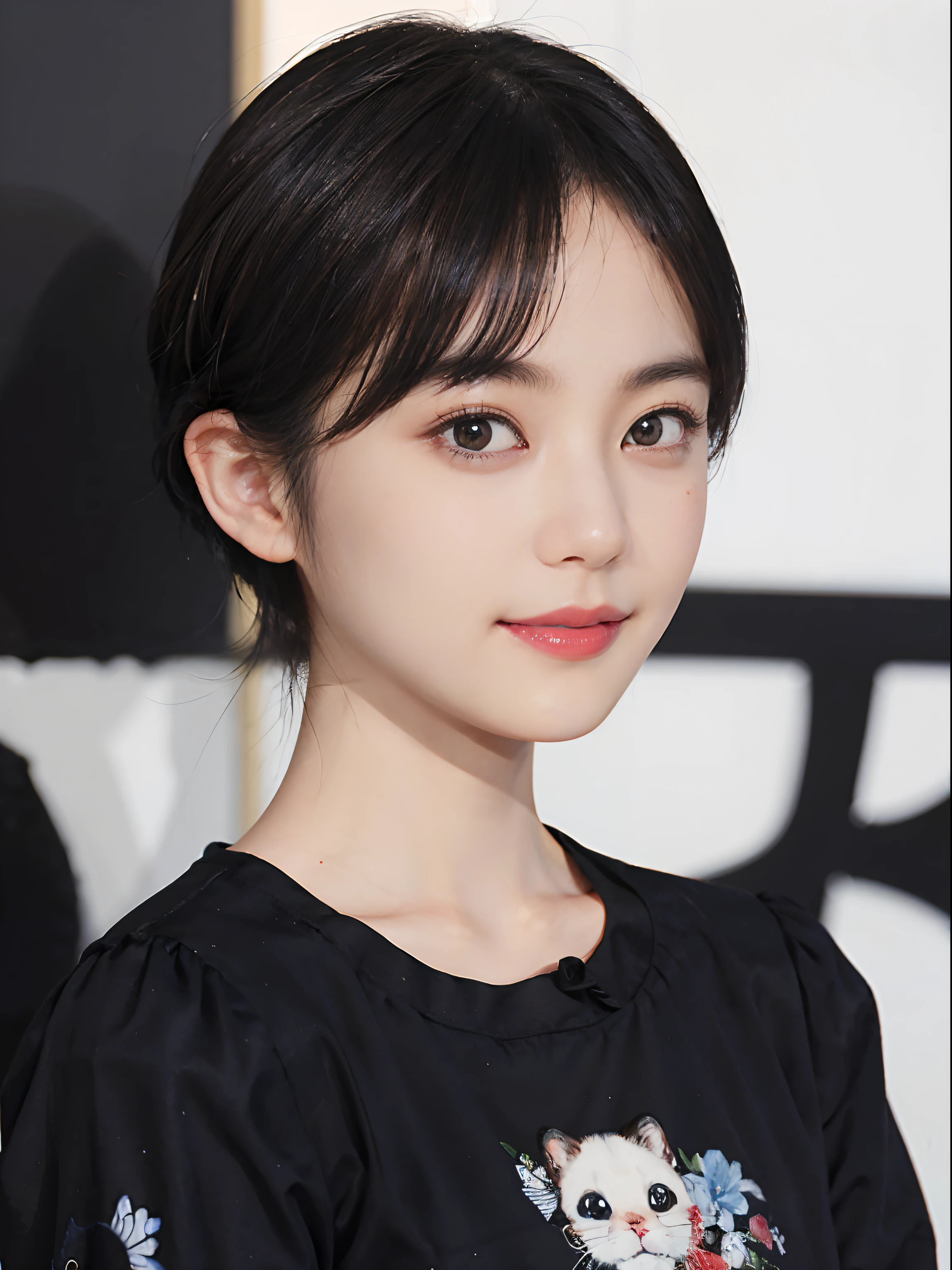 ((1 woman)), (((Black short hair))), (Masseter film:1,3)、Top quality、masterpiece、high resolution、The original、Very detailed wallpaper、jeans、big ribbon, (Smile)、a small face、((Breast protrusion))、(Animal print T-shirt)、(There is light on the face)、Live-action style, beautiful facial features, Dark room, Panorama, full length