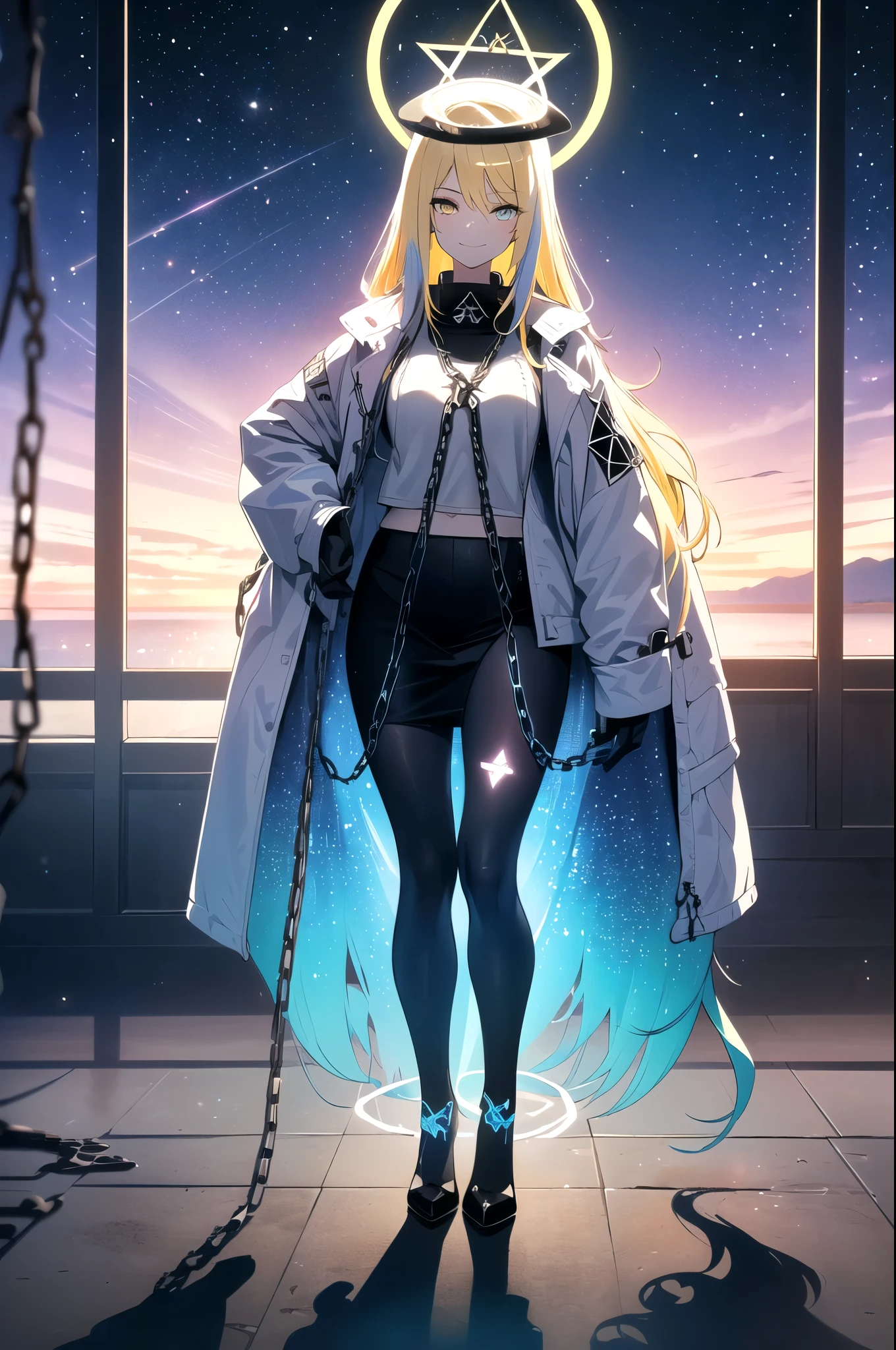 (blonde hair, long hair, sidelocks), (eyes with a mix of yellow and blue irises:1.5), two-tone eyes, multicolored eyes gradient eyes, white and blue jacket with constellation prints, (best quality,4k,8k,highres,masterpiece:1.2), ultra-detailed, portraits, (HDR:1.1), (vivid colors:1.1), (studio lighting), (bokeh), (highly saturated colors), (soft lighting), (detailed background), (subtle shadows), (ethereal glow), (pastel color palette), (delicate details), (sublime beauty), (feminine charm), (crisp focus), (fine brushwork), (impeccable craftsmanship), (emotional depth), (captivating storytelling), (intriguing narrative), (impressive realism), (exceptional artistry), (masterpiece-worthy), (awe-inspiring), blonde hair, very long hair, sidelocks, (eyes with a mix of yellow and blue irises:1.5), (two-tone eyes:1.5), (multicolored irises:1.5), multicolored eyes (gradient eyes:1.5), white and blue jacket with constellation prints, metallic skirt, (smug:1.5), (smirk), naughty face, mischievous, futuristic clothing, science fiction setting, high-tech, glowing eyes, (unicursal hexagram-shaped irises), (full body:1.5), (chains:1.5), (holographic halo:1.5), (unicursal hexagram halo:1.5)