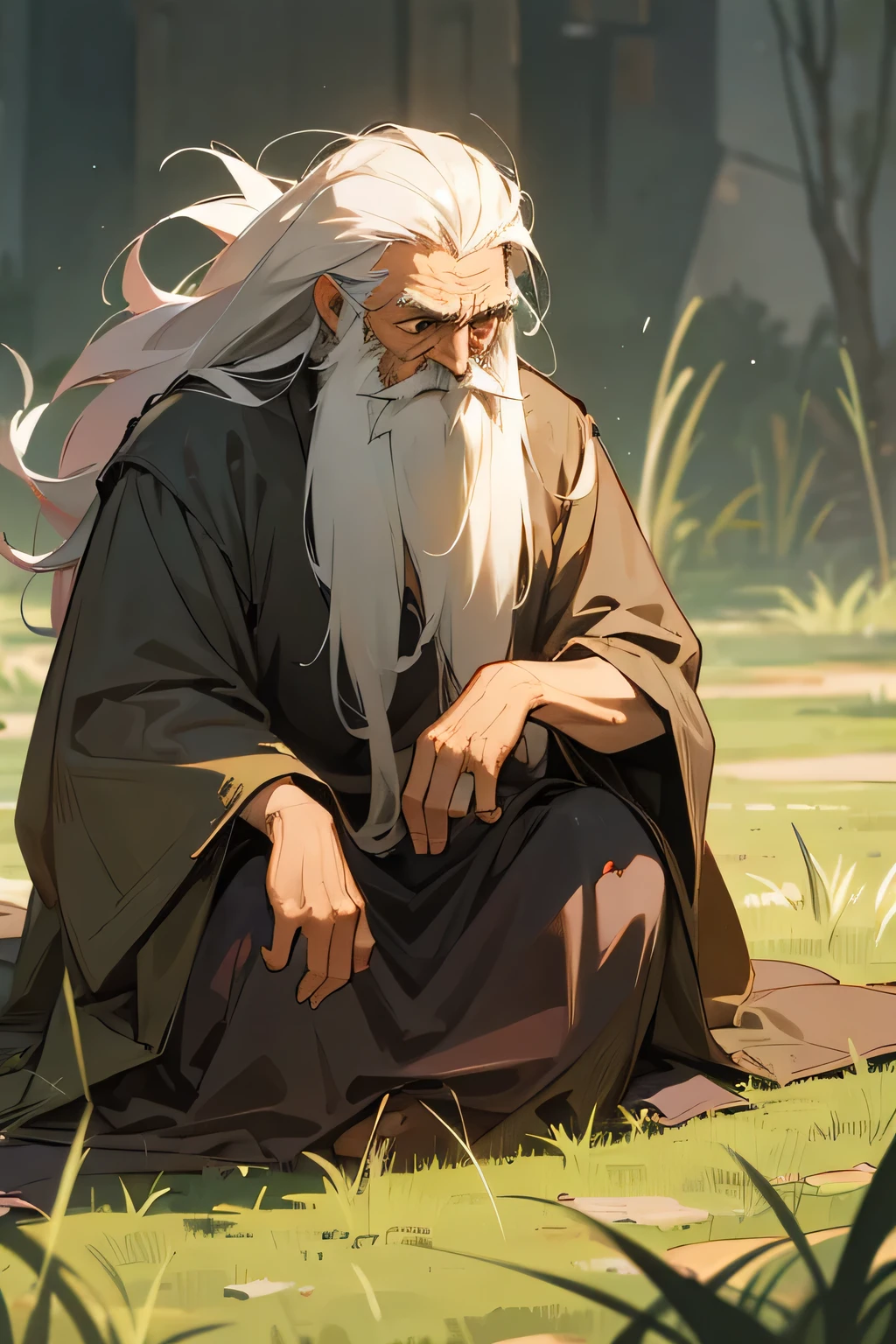 Old man, wizard, beggar clothes, unkempt hair, long beard. grass fields, weeping