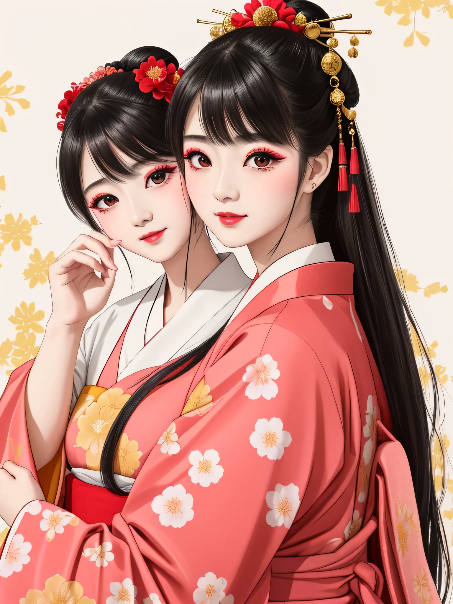 Each has a different expression２People and sisters、(２ girls）、｟Dancing traditional arts with grace)、((Big Breasts、Small Face、Not exposed))、highest quality、masterpiece、（Black Hair、Bun Hair）、Brown Eyes、｟Wide angle、Angle from above the waist and diagonally below、Pause on the magazine cover、Their gazes are different, gazing into the distance｠、(８K High Quality、masterpiece、High resolution、Realistic and beautiful light and shadow、(highest quality)、(High Resolution)、(Very delicate and beautiful)、(Beautiful 8k face)、(With a smile、Beautiful eyes)、(Clear skin)、(Soft hair)、(８Head to Body)、(A Japanese style yukata kimono with red, pink and orange floral patterns on a white background, interspersed with gold powder、Five beautiful Japanese girls wearing yukata)、((Tanabata decoration background))、((Small Face))、(arms up)、Thin and small nose、（Red lipstick）、（Make your cheeks red）、（Glossy skin）、((Ink painting style))、Very thin eyebrows、Overall ultra-high image quality、（She is wearing maiko-style makeup.）、Whitening、Long and beautiful eyelashes、Glowing Skin、（Red cheeks）,Straight nose、masterpiece、highest quality、whole body、 Eyebrows visible through hair、Bun Hair、Grin、Gal、Gal、Viewer&#39;s Eyes、Plaid、Stylish、woman、fine、Pause、
Waiting to start 
