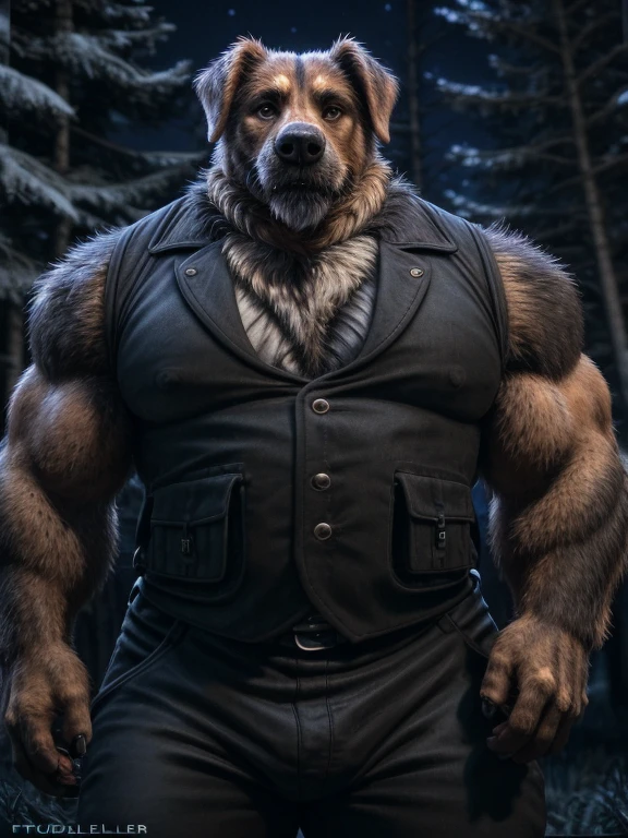 dog,uncle,male,Mature men,huge,strong,White vest,Black pants,Guard Clothing,night,Black tree,Pitch black forest(Detailed background:1.2),High Detail, Film Photography, RAW Video, Practical, Analog style, best quality, ultra Practical, 8k, (through fiddler tarant),