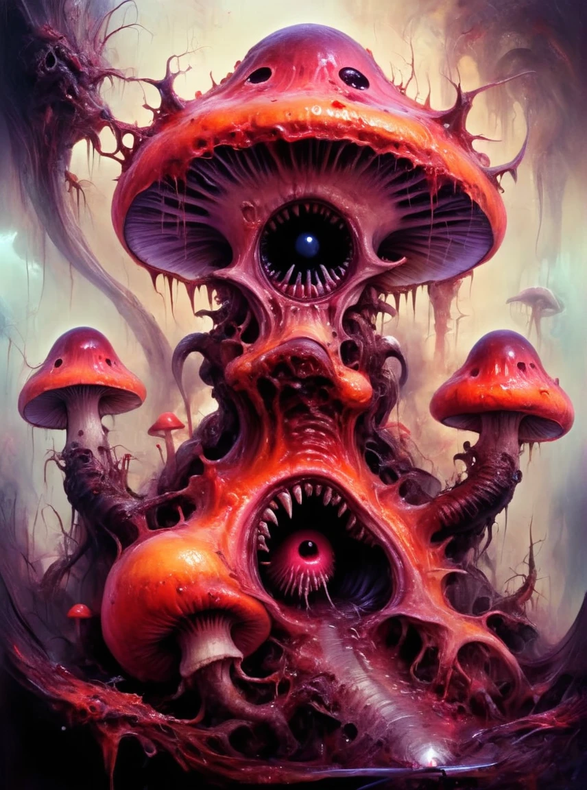 Acrylic Painting a vivid scifi illustration of fantastical surrealism 
fat evil mushroom with eyes and sharp teeth
in the style of Zaleska Tepes  c0l0r, 8k resolution ral-melting abysues, abx, ral-dissolve 