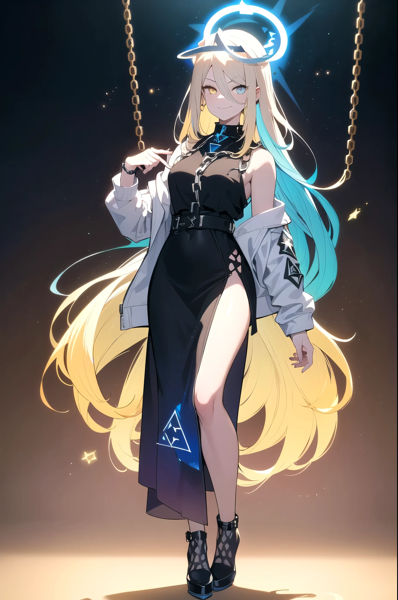 (blonde hair, long hair, sidelocks), (eyes with a mix of yellow and blue irises:1.5), two-tone eyes, multicolored eyes gradient eyes, white and blue jacket with constellation prints, (best quality,4k,8k,highres,masterpiece:1.2), ultra-detailed, portraits, (HDR:1.1), (vivid colors:1.1), (studio lighting), (bokeh), (highly saturated colors), (soft lighting), (detailed background), (subtle shadows), (ethereal glow), (pastel color palette), (delicate details), (sublime beauty), (feminine charm), (crisp focus), (fine brushwork), (impeccable craftsmanship), (emotional depth), (captivating storytelling), (intriguing narrative), (impressive realism), (exceptional artistry), (masterpiece-worthy), (awe-inspiring), blonde hair, very long hair, sidelocks, (eyes with a mix of yellow and blue irises:1.5), (two-tone eyes:1.5), (multicolored irises:1.5), multicolored eyes (gradient eyes:1.5), white and blue jacket with constellation prints, metallic skirt, (smug:1.5), (smirk), naughty face, mischievous, futuristic clothing, science fiction setting, high-tech, glowing eyes, (unicursal hexagram-shaped irises), (full body:1.5), (chains:1.5), (holographic halo:1.5), (unicursal hexagram halo:1.5)