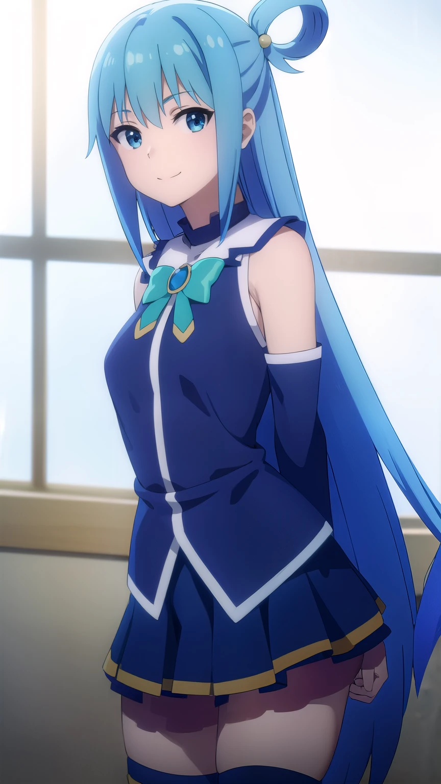 konosubaaqua, aqua, long hair, blue eyes, hair ornament, very long hair, blue hair, hair rings, single hair ring, hair bobbles,
BREAK skirt, shirt, thighhighs, bare shoulders, detached sleeves, white thighhighs, blue shirt, green bow,
BREAK ,
BREAK looking at viewer,
BREAK (masterpiece:1.2), best quality, high resolution, unity 8k wallpaper, (illustration:0.8), (beautiful detailed eyes), extremely detailed face, perfect lighting, extremely detailed CG, (perfect hands, perfect anatomy)、(smile:1.4), blush