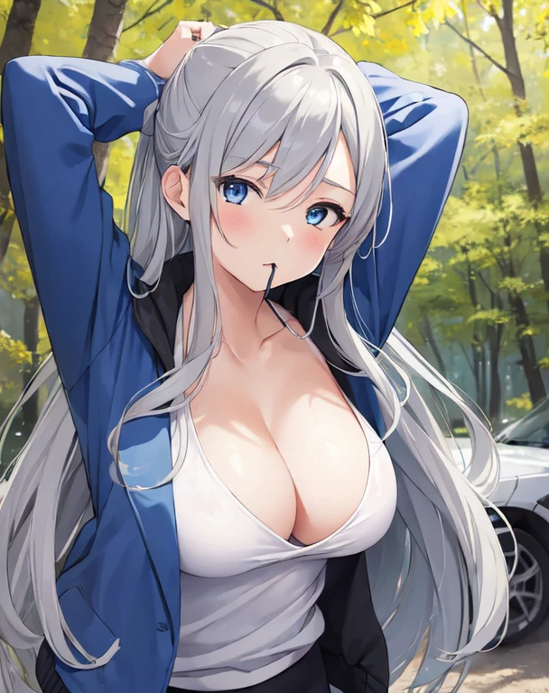 (((masterpiece))), ShizukaMikazuki, One girl, alone, View your viewers, Long Hair, Gray Hair, Long sleeve, Cleavage, Large Breasts, Mouth closed, clavicle, Jacket, Open clothes, open Jacket, blue Jacket, Ground vehicles, Play sports often, bicycle,blue eyes, arms behind head