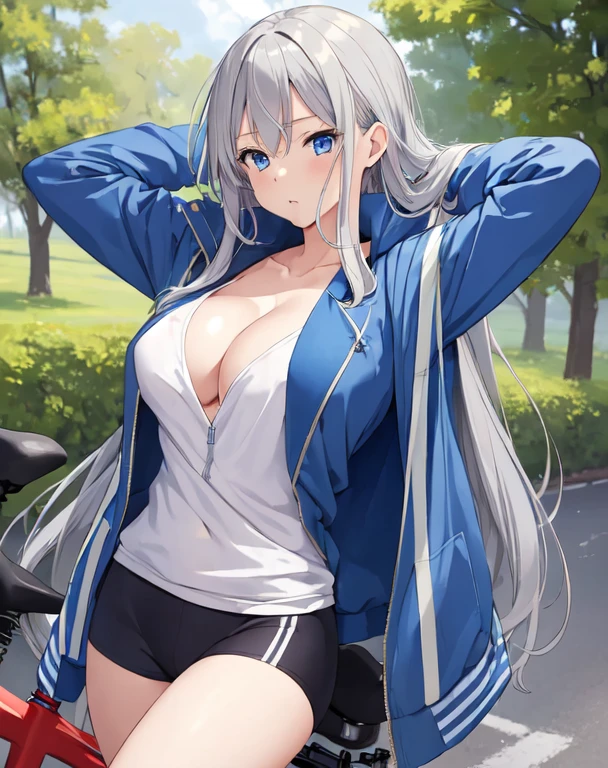 (((masterpiece))), ShizukaMikazuki, One girl, alone, View your viewers, Long Hair, Gray Hair, Long sleeve, Cleavage, Large Breasts, Mouth closed, clavicle, Jacket, Open clothes, open Jacket, blue Jacket, Ground vehicles, Play sports often, bicycle,blue eyes, arms behind head