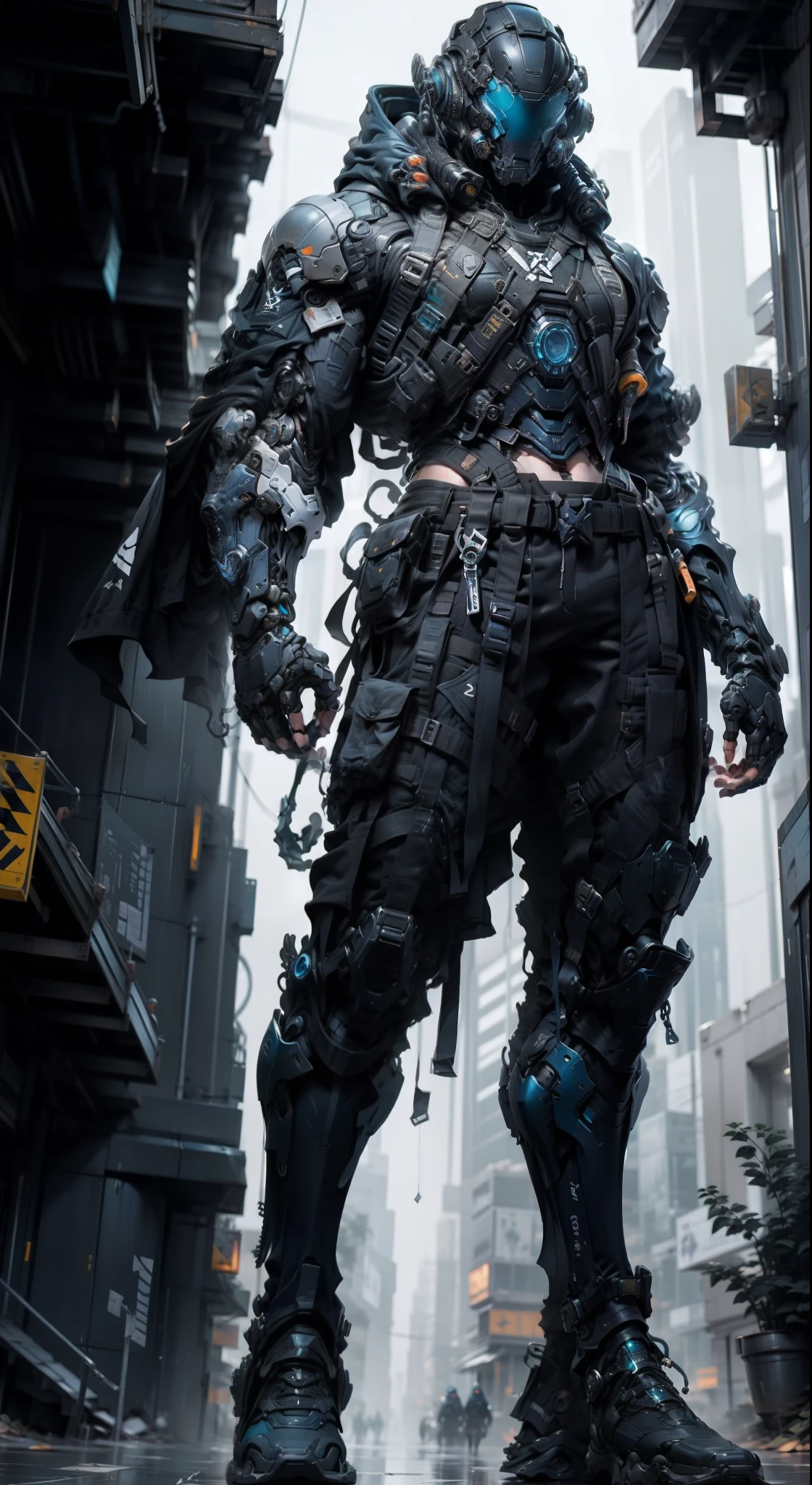 1 person, ผู้ชายที่ดูล้ำอนาคตandมีความมหัศจรรย์ ((Square cyber helmet with blue lights.)), ((Blue chrome mechanical arm)) and ((iron gray mechanical hands)), Dressed in ((blue techwear jacket)) and a ((black tactical pants)), standing in cyberpunk city, Face focus, UHD, Anatomically correct, best quality, Masterpiece, full body panel