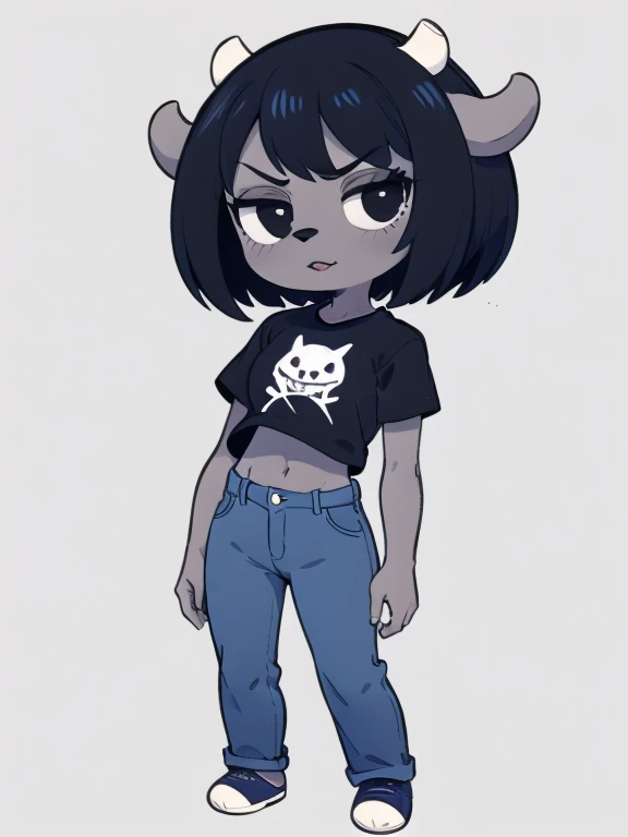 1girl, furry, black hair, short hair, horns, black eyes,  grey skin, black shirt, blue jeans, midriff, (full body:1.2),  simple background,  rammy, mad 