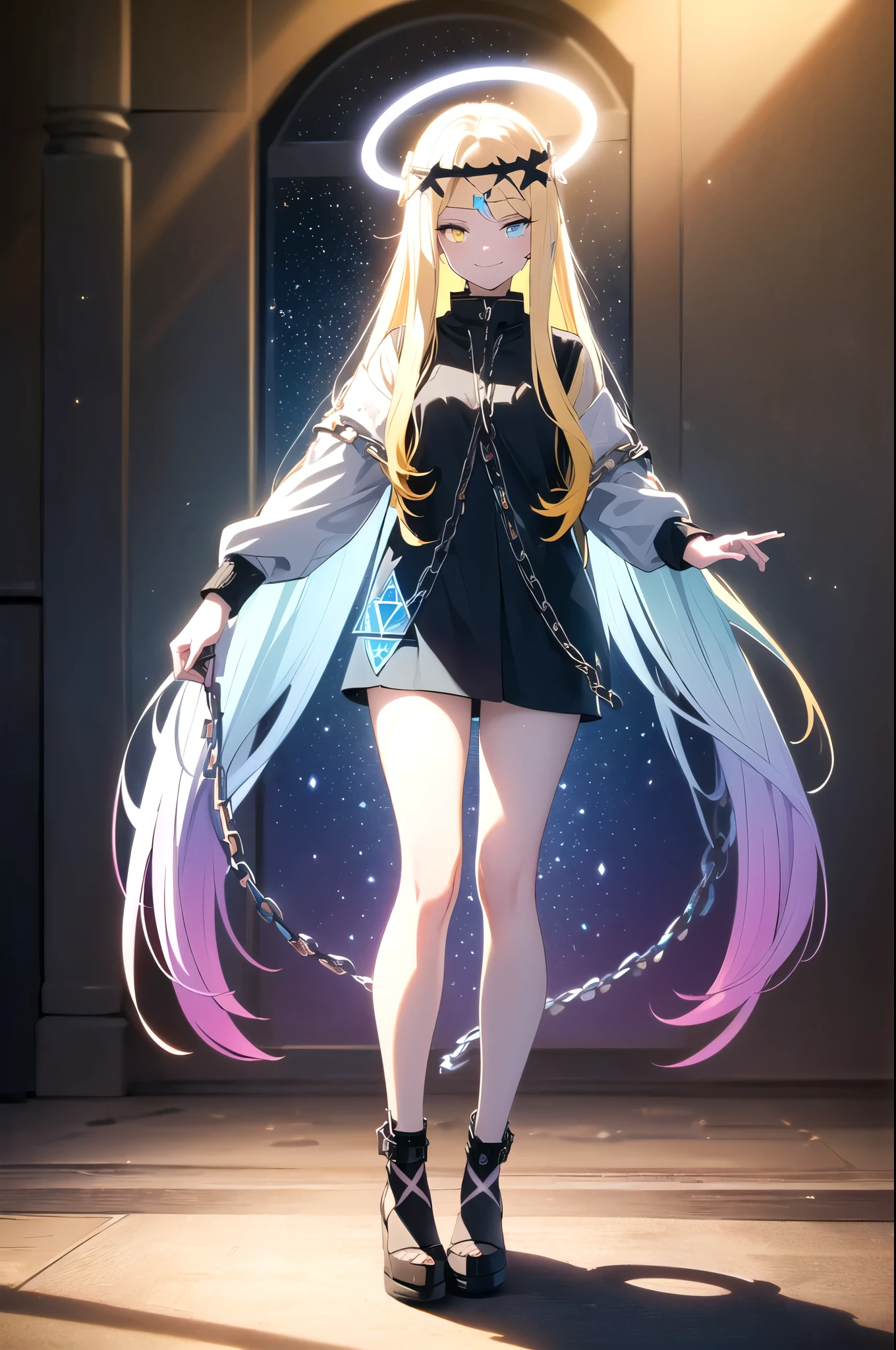 (blonde hair, long hair, sidelocks), (eyes with a mix of yellow and blue irises:1.5), two-tone eyes, multicolored eyes gradient eyes, white and blue jacket with constellation prints, (best quality,4k,8k,highres,masterpiece:1.2), ultra-detailed, portraits, (HDR:1.1), (vivid colors:1.1), (studio lighting), (bokeh), (highly saturated colors), (soft lighting), (detailed background), (subtle shadows), (ethereal glow), (pastel color palette), (delicate details), (sublime beauty), (feminine charm), (crisp focus), (fine brushwork), (impeccable craftsmanship), (emotional depth), (captivating storytelling), (intriguing narrative), (impressive realism), (exceptional artistry), (masterpiece-worthy), (awe-inspiring), blonde hair, very long hair, sidelocks, (eyes with a mix of yellow and blue irises:1.5), (two-tone eyes:1.5), (multicolored irises:1.5), multicolored eyes (gradient eyes:1.5), white and blue jacket with constellation prints, metallic skirt, (smug:1.5), (smirk), naughty face, mischievous, futuristic clothing, science fiction setting, high-tech, glowing eyes, (unicursal hexagram-shaped irises), (full body:1.5), (chains:1.5), (holographic halo:1.5), (unicursal hexagram halo:1.5)