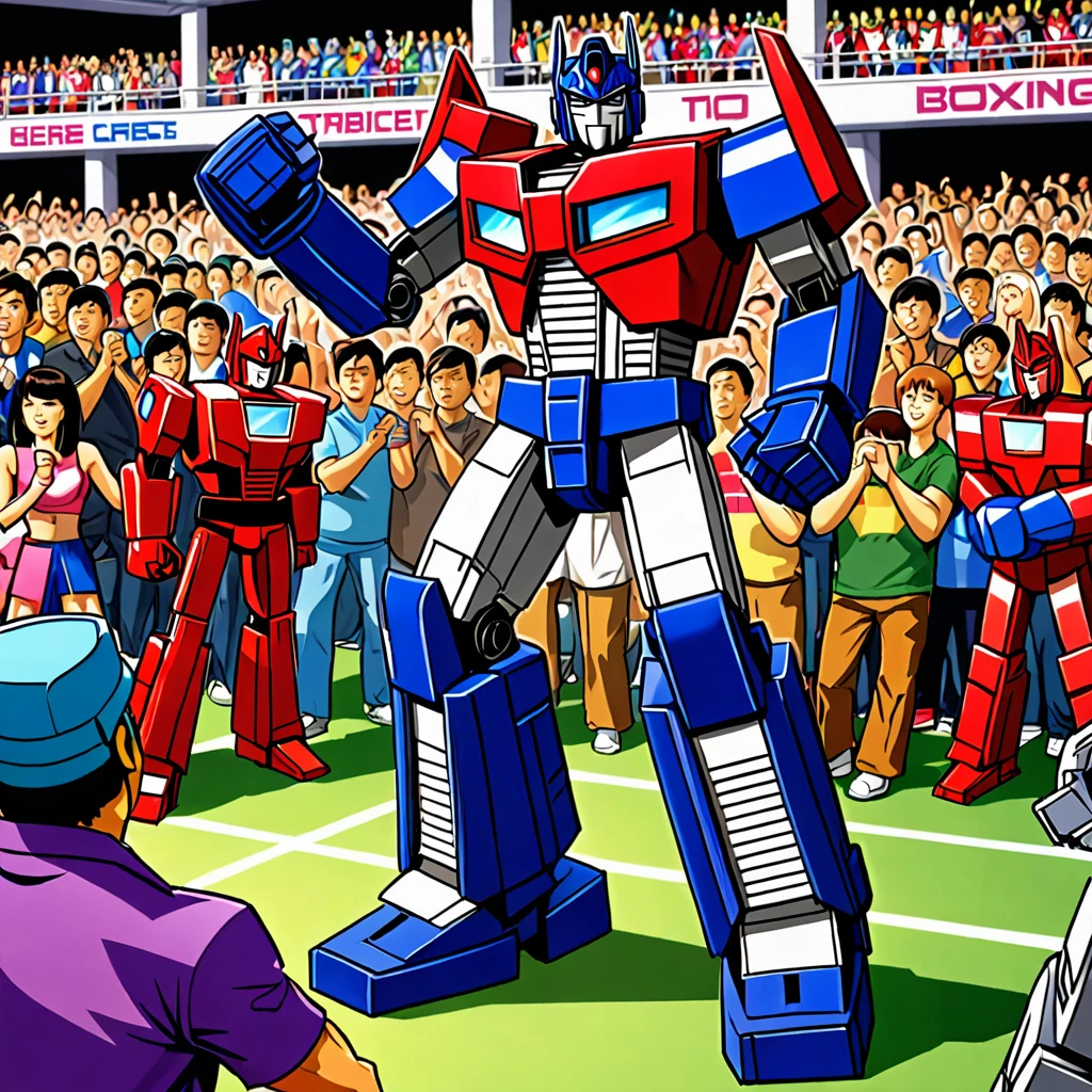 Transformers Optimus Prime is boxing a Decepticon, transformers cheer from crowd, Cybertronian Boxing Match, G1 style Transformers