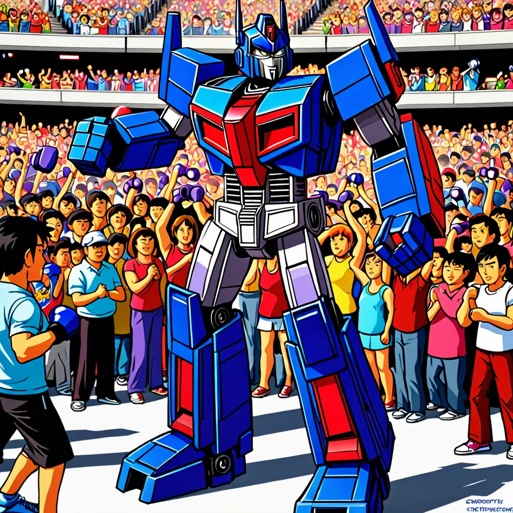 Transformers Optimus Prime is boxing a Decepticon, transformers cheer from crowd, Cybertronian Boxing Match, G1 style Transformers