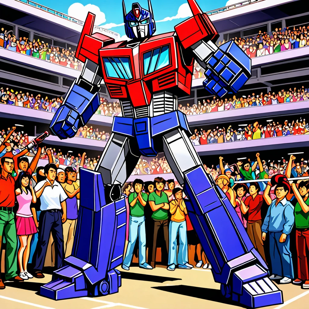 Transformers Optimus Prime is boxing a Decepticon, transformers cheer from crowd, Cybertronian Boxing Match, G1 style Transformers