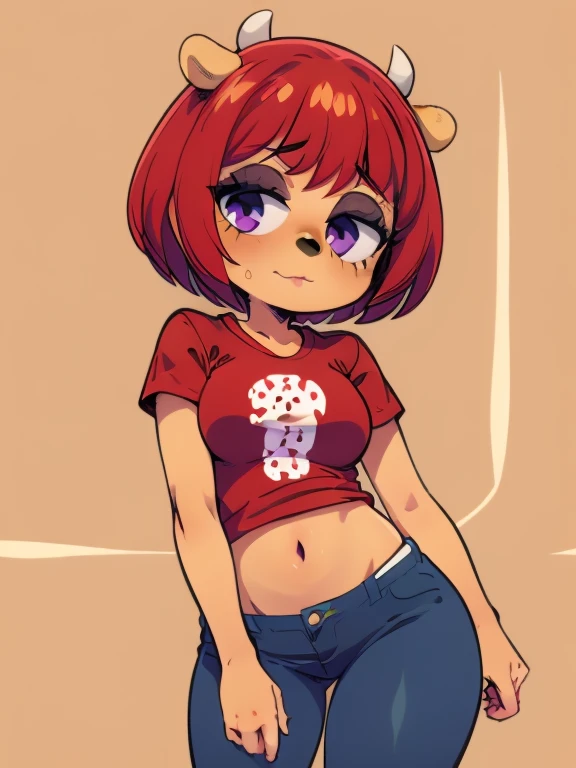  1girl, lammy, furry, red hair, short hair, horns, red shirt, dark purple eyes, tanned, blue jeans, midriff, (cowboy shot:1.2), 