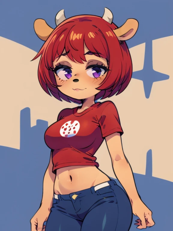  1girl, lammy, furry, red hair, short hair, horns, red shirt, dark purple eyes, tanned, blue jeans, midriff, (cowboy shot:1.2), 