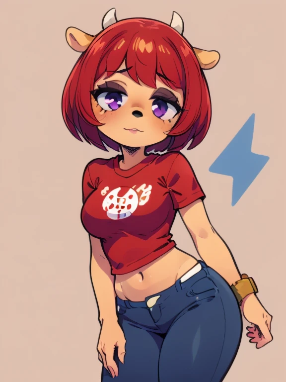  1girl, lammy, furry, red hair, short hair, horns, red shirt, dark purple eyes, tanned, blue jeans, midriff, (cowboy shot:1.2), 