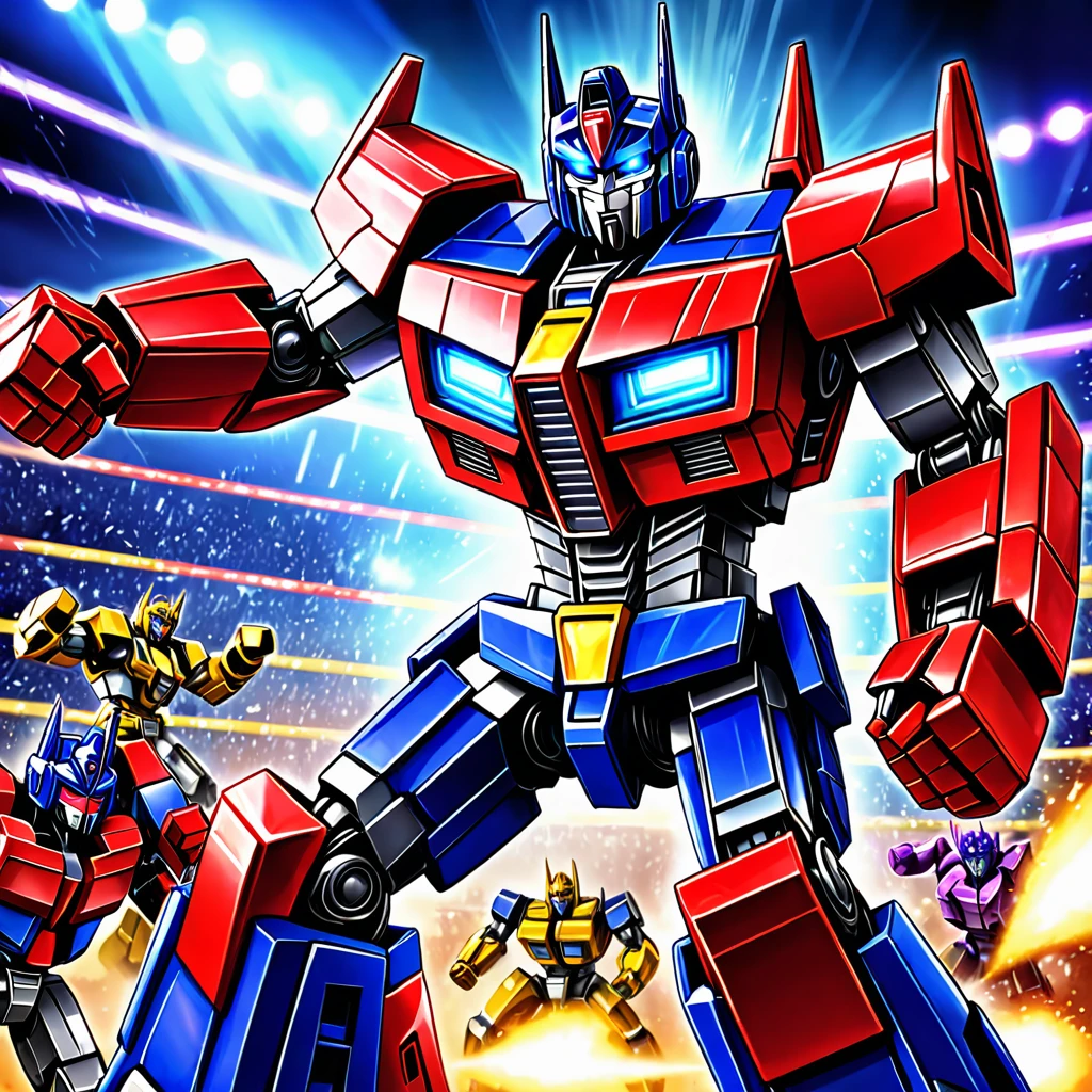 Transformers Optimus Prime is boxing a Decepticon, transformers cheer from crowd, Cybertronian Boxing Match, G1 style Transformers