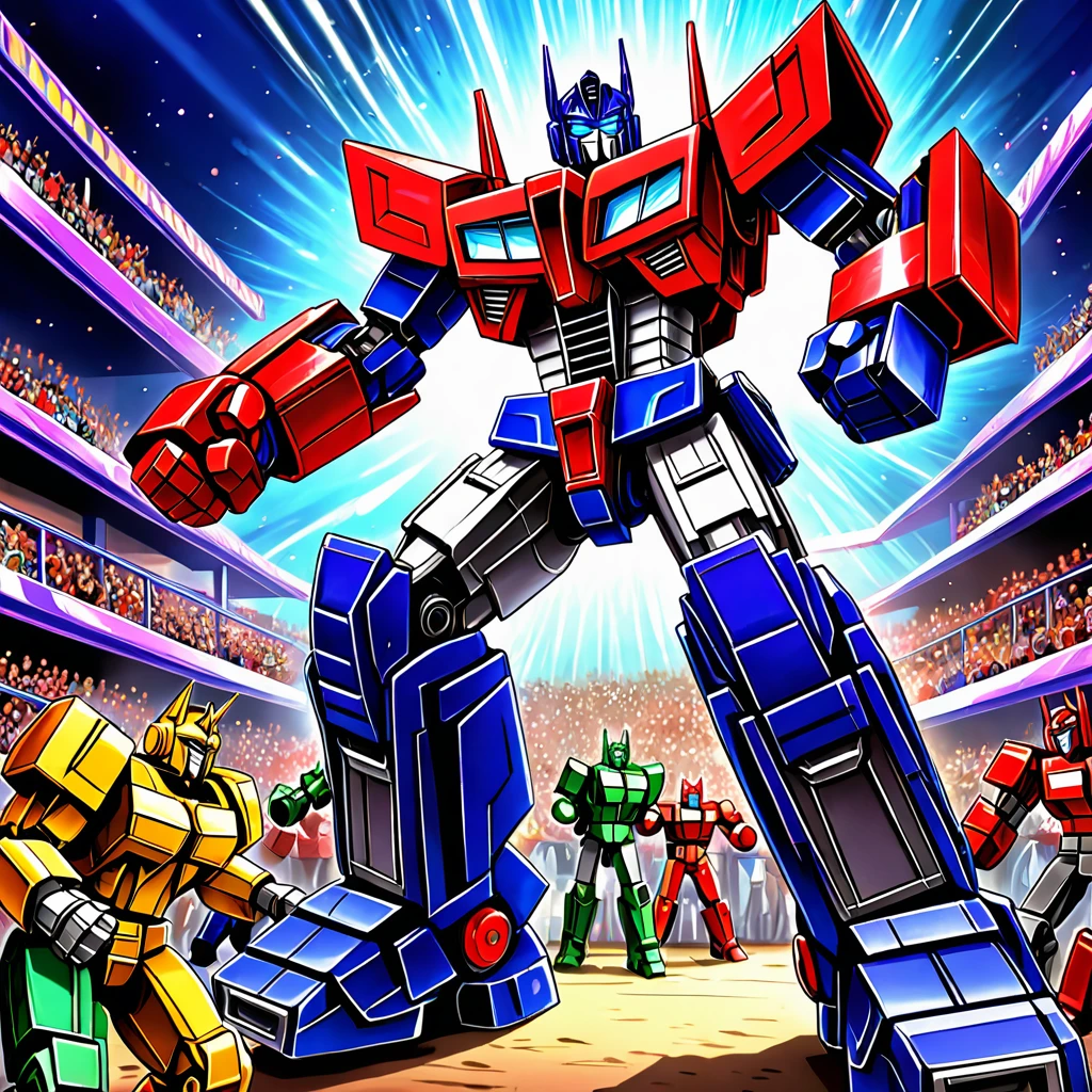 Transformers Optimus Prime is boxing a Decepticon, transformers cheer from crowd, Cybertronian Boxing Match, G1 style Transformers