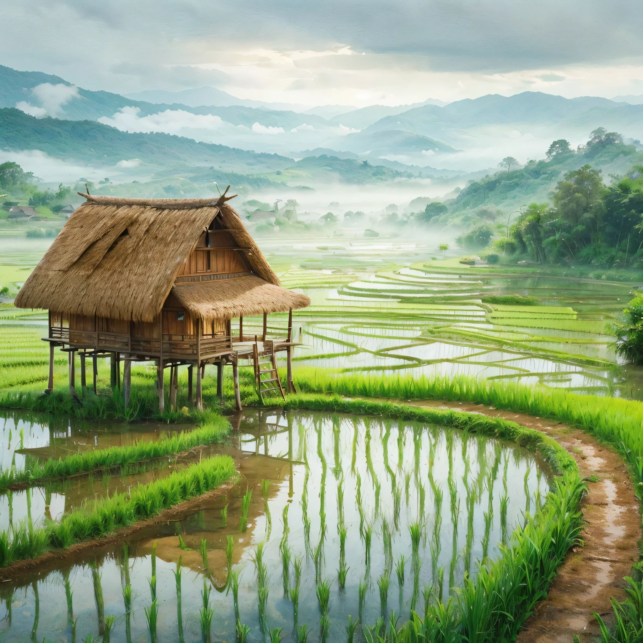 Watercolor of a hut centered amidst verdant, undulating rice fields, elevated on slender stilts, thatched roof overhanging, reflecting on water-filled paddies, a lattice of earthy paths crisscrossing, distant mountains shrouded in mist, serene, pastoral atmosphere, natural light, ultra fine, digital painting