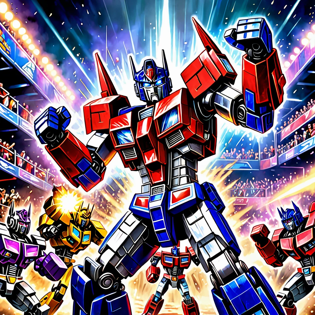 Optimus Prime, boxing a Decepticon, cheering crowd, Cybertronian Boxing Match, G1 style Transformers, illustrative rendering, metallic textures, vibrant colors, energetic lighting, best quality, ultra-detailed, vivid colors, (action-packed:1.1), (dynamic:1.1), (high-impact:1.2), (epic:1.2), (intense:1.1), (spectacular:1.1), explosive punches, detailed robot faces, powerful body movements, dramatic angle, atmospheric background, (sci-fi:1.1), heroic stance, mechanical sound effects, intense action scene, (powerful:1.1), (fast-paced:1.1), (dramatic:1.1), (high-octane:1.2), (fierce:1.1), (epic battle:1.1), (exciting:1.1), (thrilling:1.1), (electric atmosphere:1.1), (intense rivalry:1.1), (roaring crowd:1.1), (spectators' excitement:1.1).