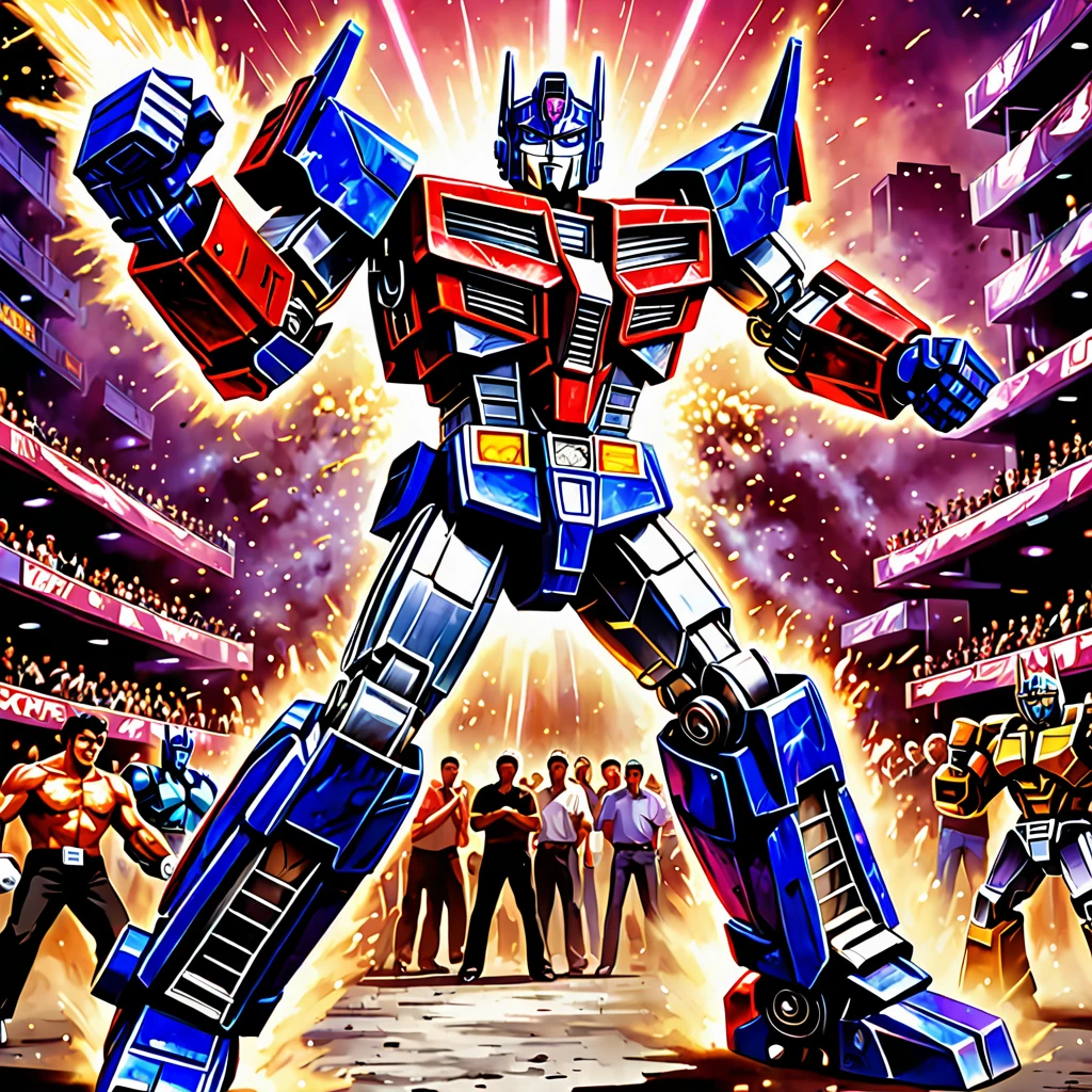 Transformers Optimus Prime is boxing a Decepticon, transformers cheer from crowd, Cybertronian Boxing Match, G1 style Transformers