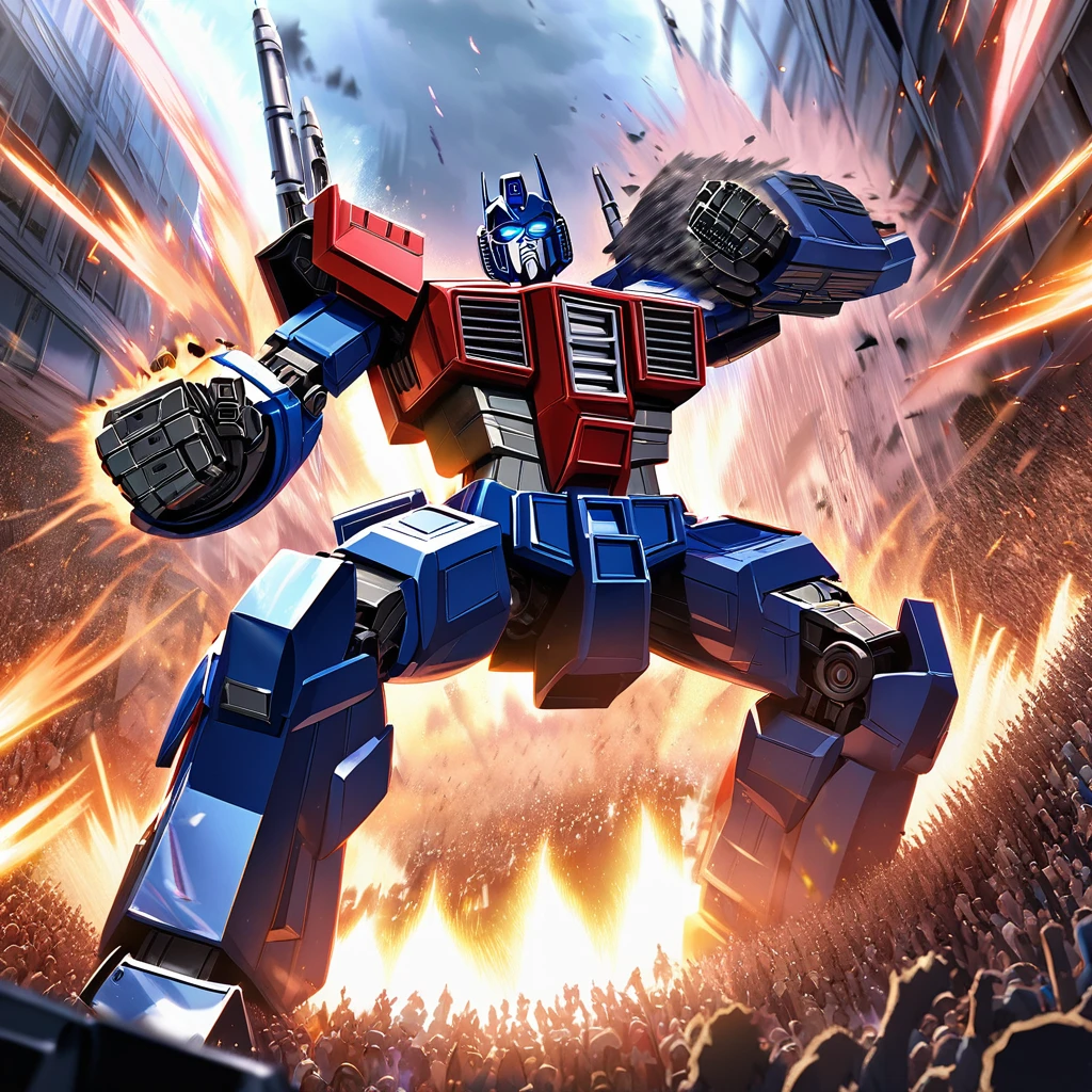 Transformers Optimus Prime is boxing a Decepticon, transformers cheer from crowd, Cybertronian Boxing Match, G1 style Transformers