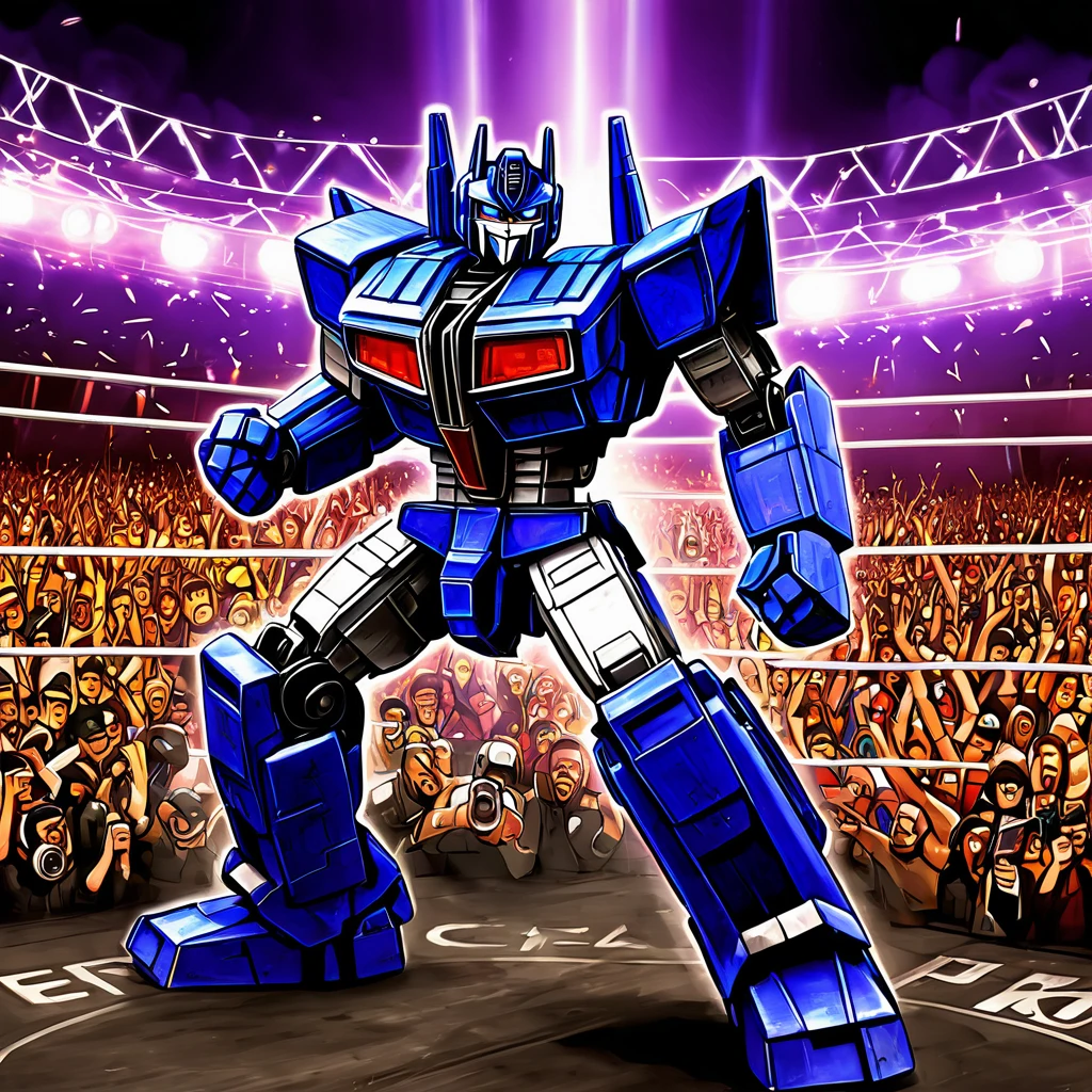 Optimus Prime, boxing a Decepticon, cheering crowd, Cybertronian Boxing Match, G1 style Transformers, illustrative rendering, metallic textures, vibrant colors, energetic lighting, best quality, ultra-detailed, vivid colors, (action-packed:1.1), (dynamic:1.1), (high-impact:1.2), (epic:1.2), (intense:1.1), (spectacular:1.1), explosive punches, detailed robot faces, powerful body movements, dramatic angle, atmospheric background, (sci-fi:1.1), heroic stance, mechanical sound effects, intense action scene, (powerful:1.1), (fast-paced:1.1), (dramatic:1.1), (high-octane:1.2), (fierce:1.1), (epic battle:1.1), (exciting:1.1), (thrilling:1.1), (electric atmosphere:1.1), (intense rivalry:1.1), (roaring crowd:1.1), (spectators' excitement:1.1).