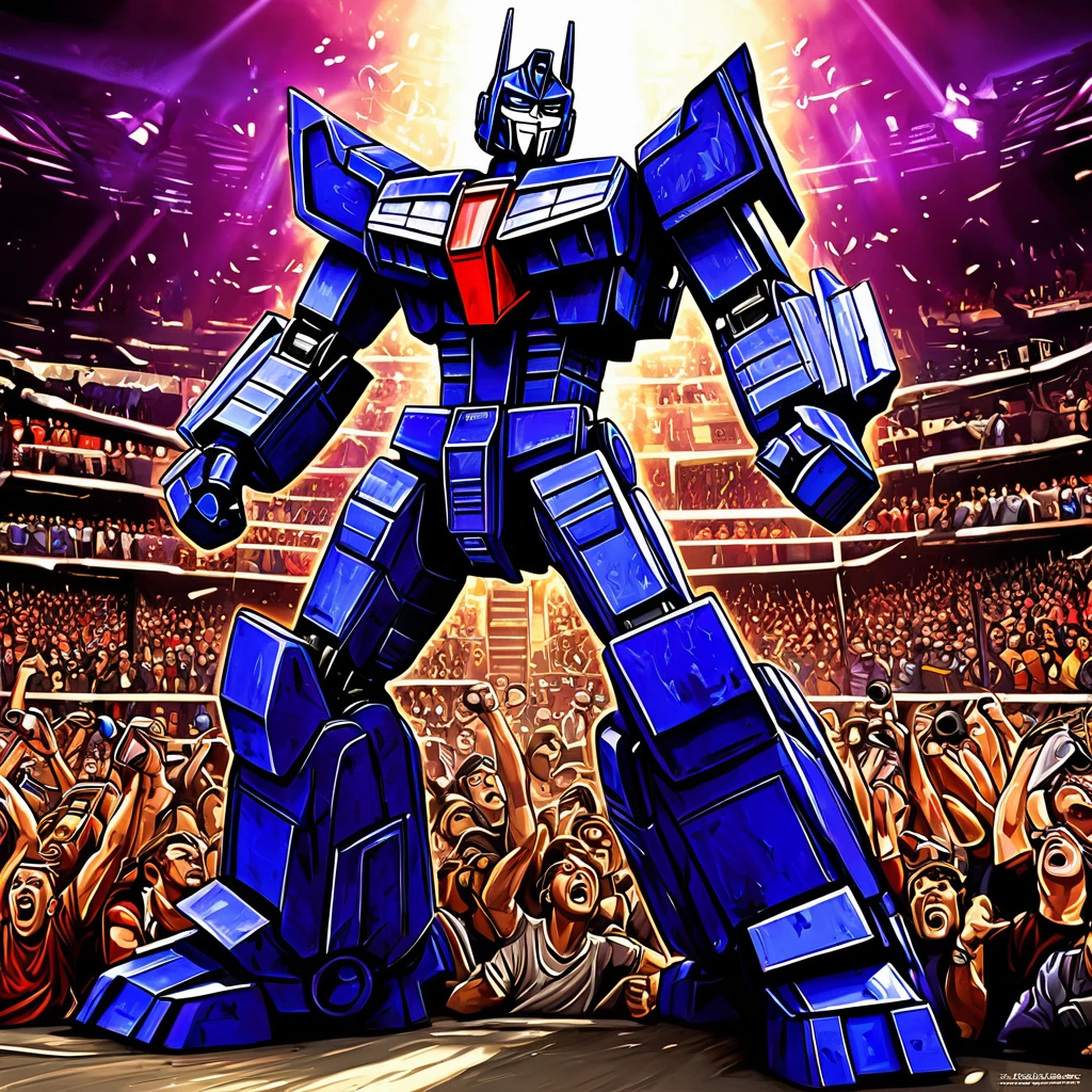 Transformers Optimus Prime is boxing a Decepticon, transformers cheer from crowd, Cybertronian Boxing Match, G1 style Transformers