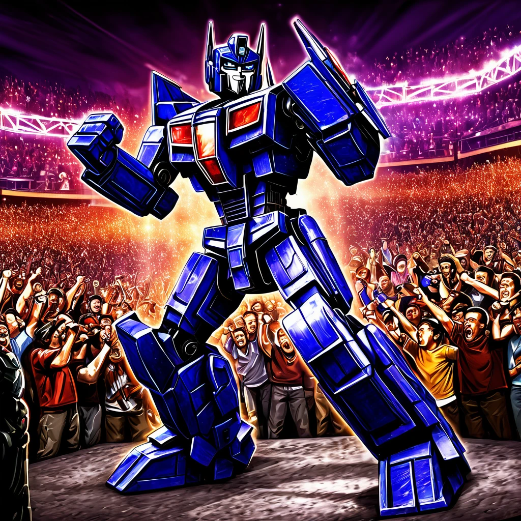 Transformers Optimus Prime is boxing a Decepticon, transformers cheer from crowd, Cybertronian Boxing Match, G1 style Transformers