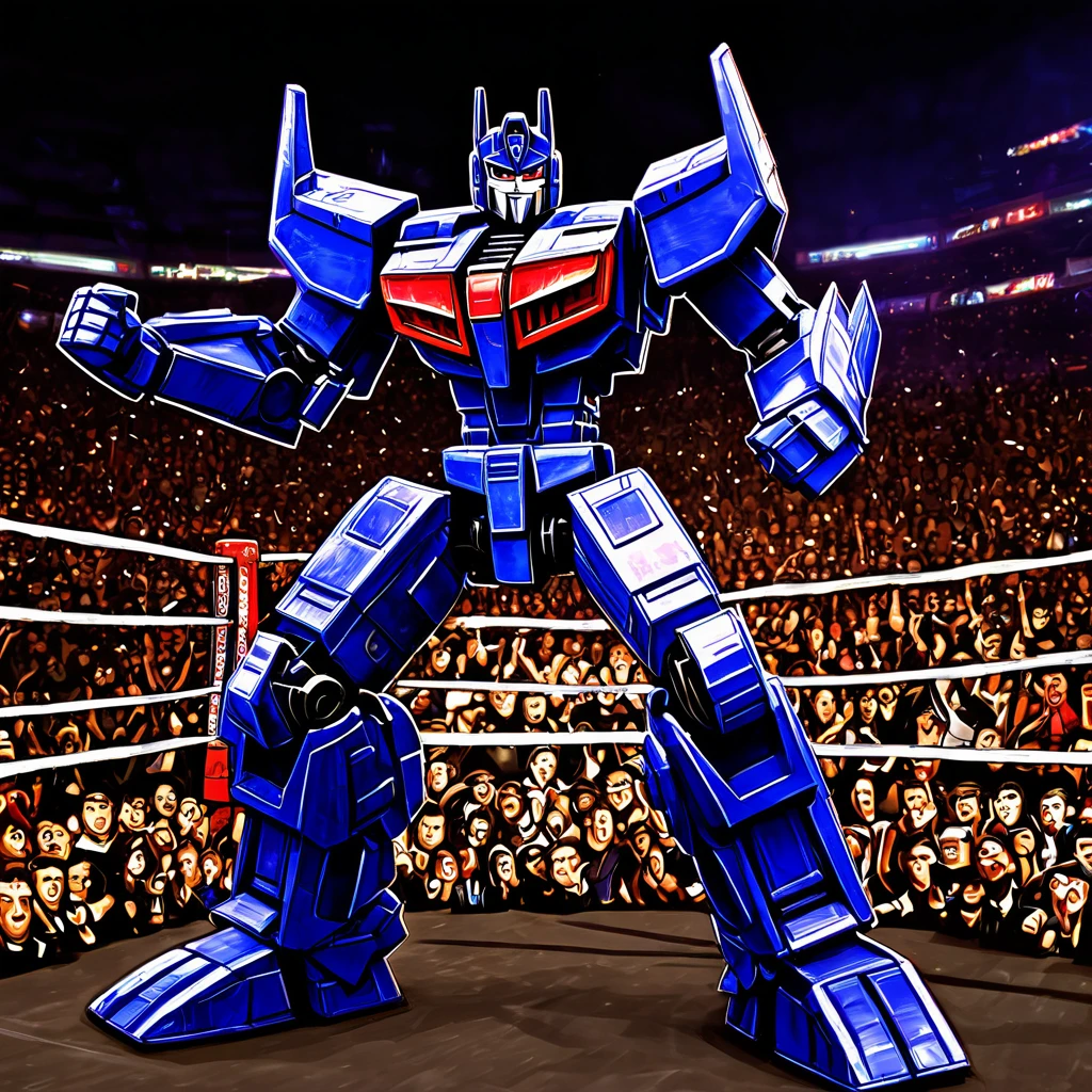 Transformers Optimus Prime is boxing a Decepticon, transformers cheer from crowd, Cybertronian Boxing Match, G1 style Transformers