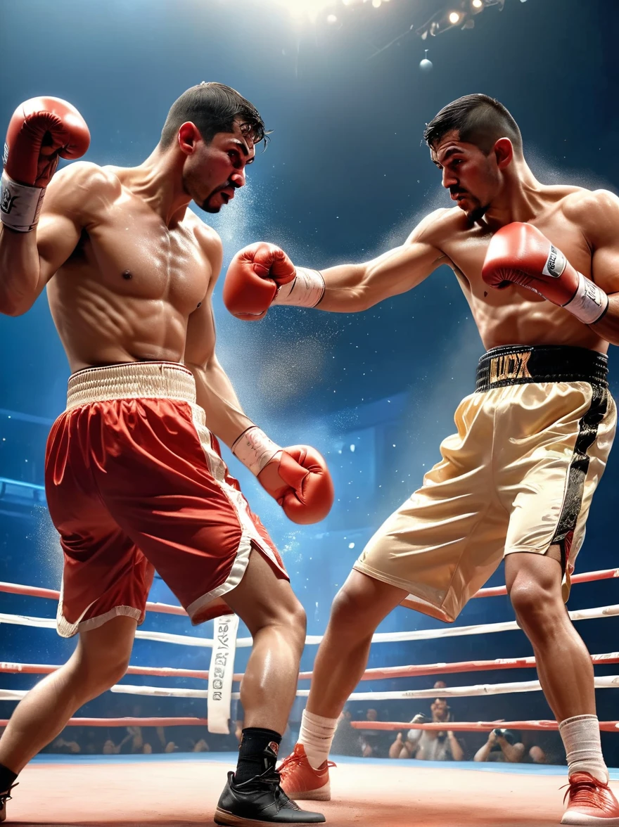 A perfectly executed punch in a boxing match, The gloves are red and there's sweat flying off from the impact. The boxer throwing the punch is a Middle-Eastern male and his opponent is a Hispanic male, They are both fit and muscular, wearing traditional boxing shorts and shoes, Chalk dust is rising from the canvas as the punch connects.