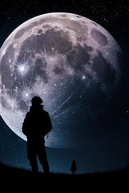 highest quality,Big moon and shadow,A silhouette of a person can be seen against the backdrop of a large moon.,There is one full moon,There is a mood,Beautiful scenery,Starry Sky