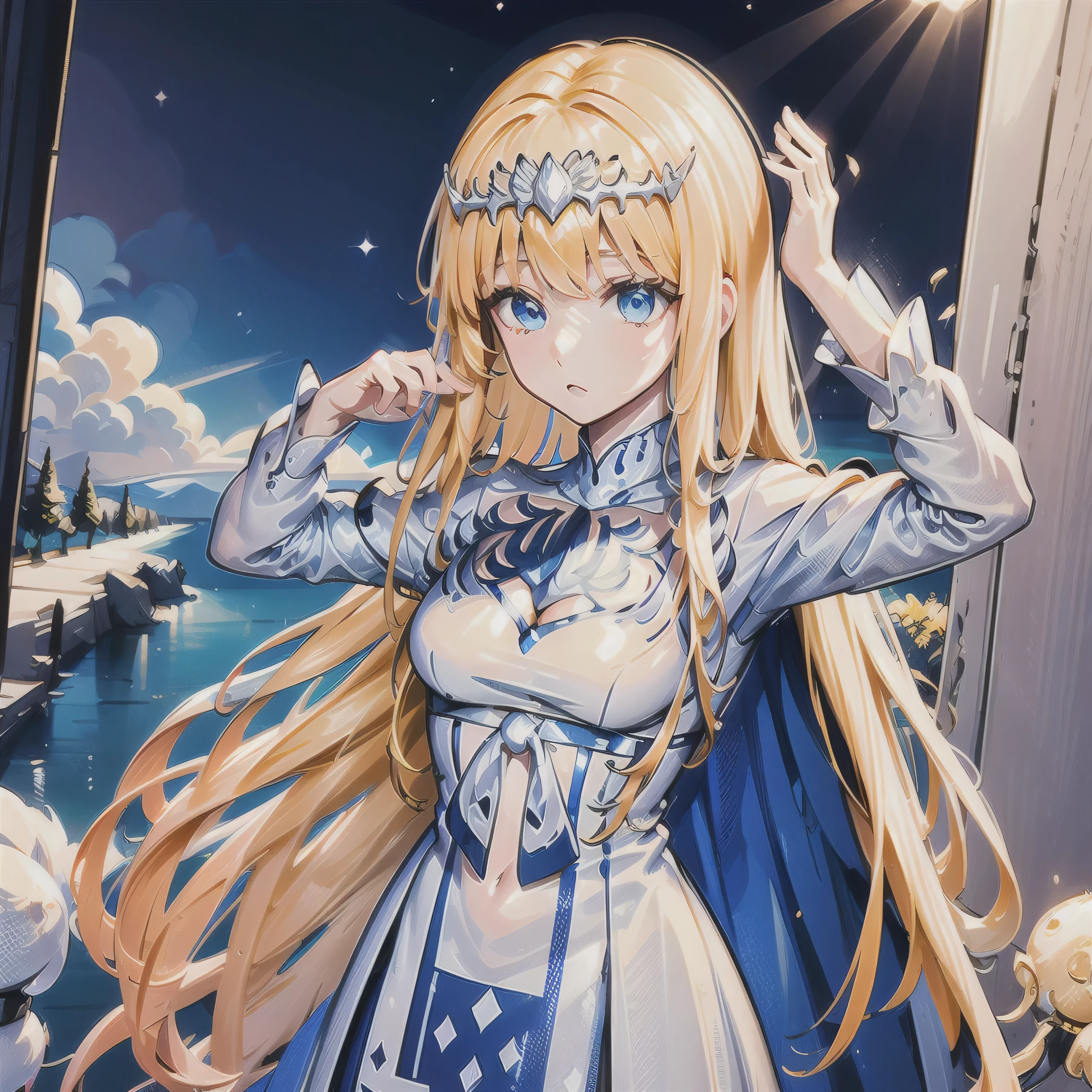 hands down, arms down, hands not showing, 1girl,solo, Calca, Calca Bessarez, blonde hair, extremely long hair, very long hair, white tiara, silver tiara, white dress, blue eyes, medium chest