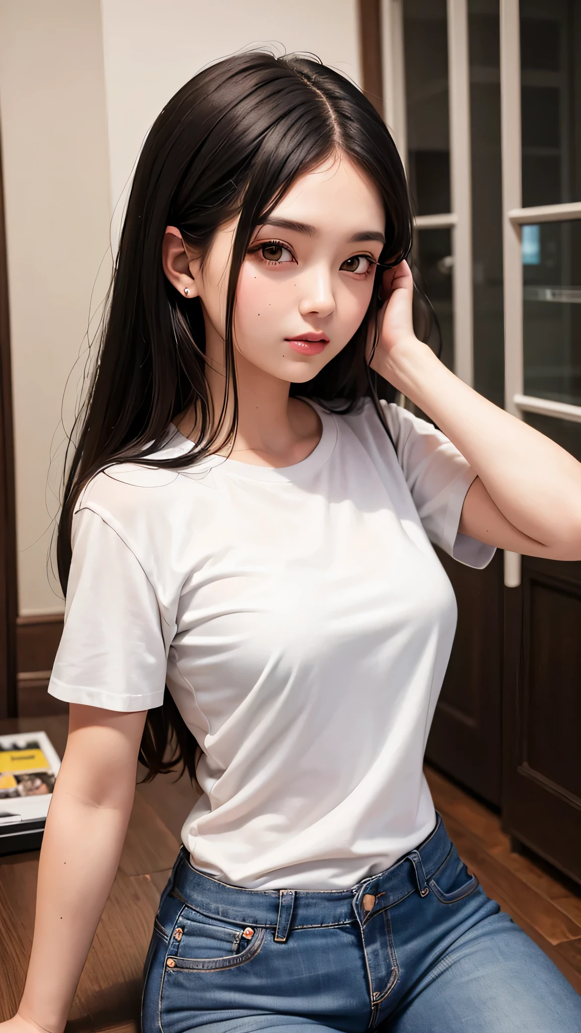 Black-haired girl，Wearing white shirt and jeans，Clear facial features，HD，4K