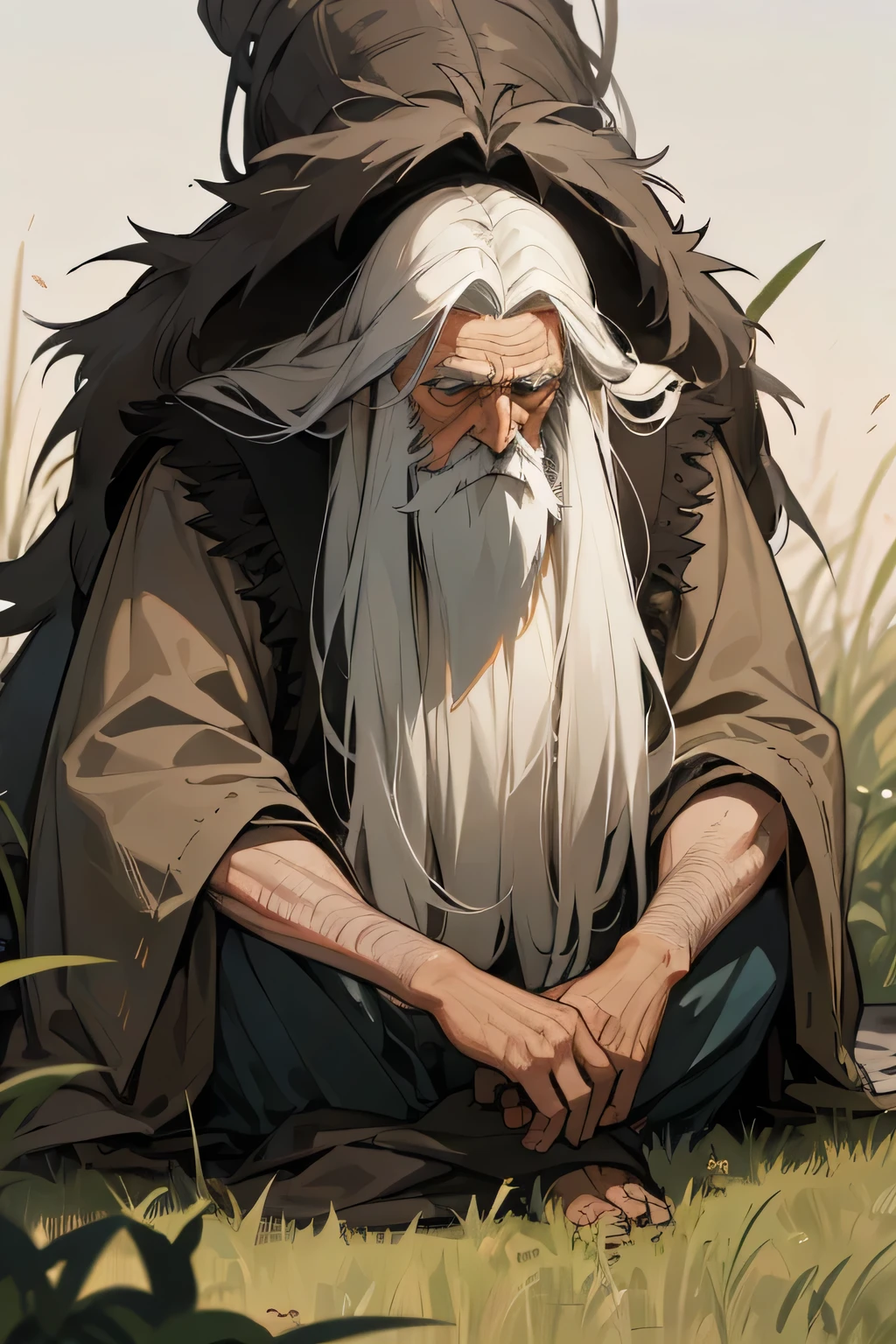 Old man, wizard, beggar clothes, unkempt hair, long beard. grass fields, weeping, staring into distance, hair covering side of face