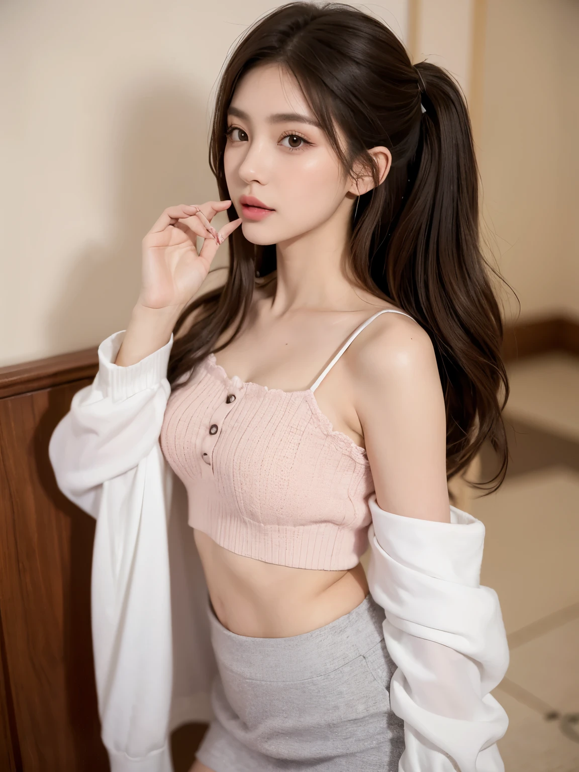 Kim Jennie with white brown hair, con rulos en las puntas, with two bows on each side of the hair, all her hair white brown, with a star clip in her white brown hair, ojos de color claro, ojos bonitos, ojos llorosos, nariz bonita y respingada, nariz lloroso, labios bonitos, labios rosas, heart and cupid shaped lip, piel bonita, pale, piel blanca, con lunares y pecas en todo el rostro, rubor rosa suave en las mejilla, rubor rosa natural, maquillaje suave y rosa, jennie, cuello bonito, cuello marcado, frown, mirada tierna, con un collar de beso, un collar bonito de beso, parecido a Yumeko Jabami, mientras lleva puesto un Crochet YK2, de lana, with a YK2 style brown mini skirt, mientras lleva una casaca con estampados de ositos, mientras tiene el abdomen desnudo, delgado, marcado y bonito, (pechos grandes, pechos suaves, pechos bonitos), mientras esta haciendo cospaly del personaje Yumeko Jabami, del anime Kakegurui, mirando a la camara, autofoto, selfie bonita