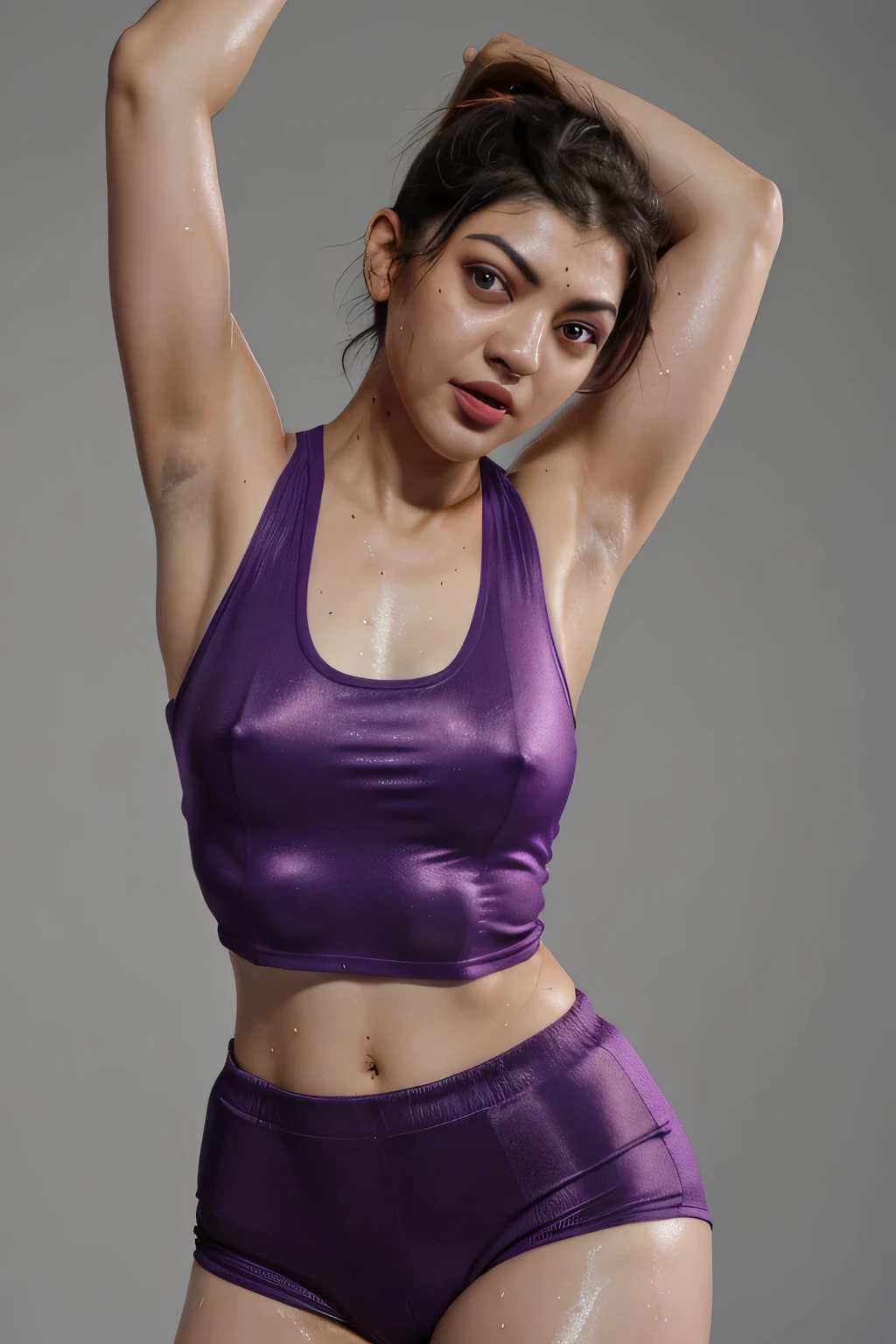 Looks like Kajal Aggarwal,31 year old woman,not too skinny, studio quality ,arms up,armpits, armpits,sweat,sweaty,sweaty armpits,awesome armpits,sweating ,sleeveless,exhausted,tired,boxing gloves,red blouse,purple outfit,wearing purple boxing gloves on both hands,arms raised,very tired,sweating,arms raised,both arms raised,tongue,tongue protruded,tongue out,showing tongue