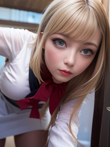 （highest quality，4K，masterpiece：1.2），Beautiful woman，1 girl，sexy：1.1，Dark yellow hair：1.1，Female ，Soaked uniform，Highly detailed face，Detailed lips，Beautiful Eyes，double eyelid，Miniskirt White Stockings，stand up