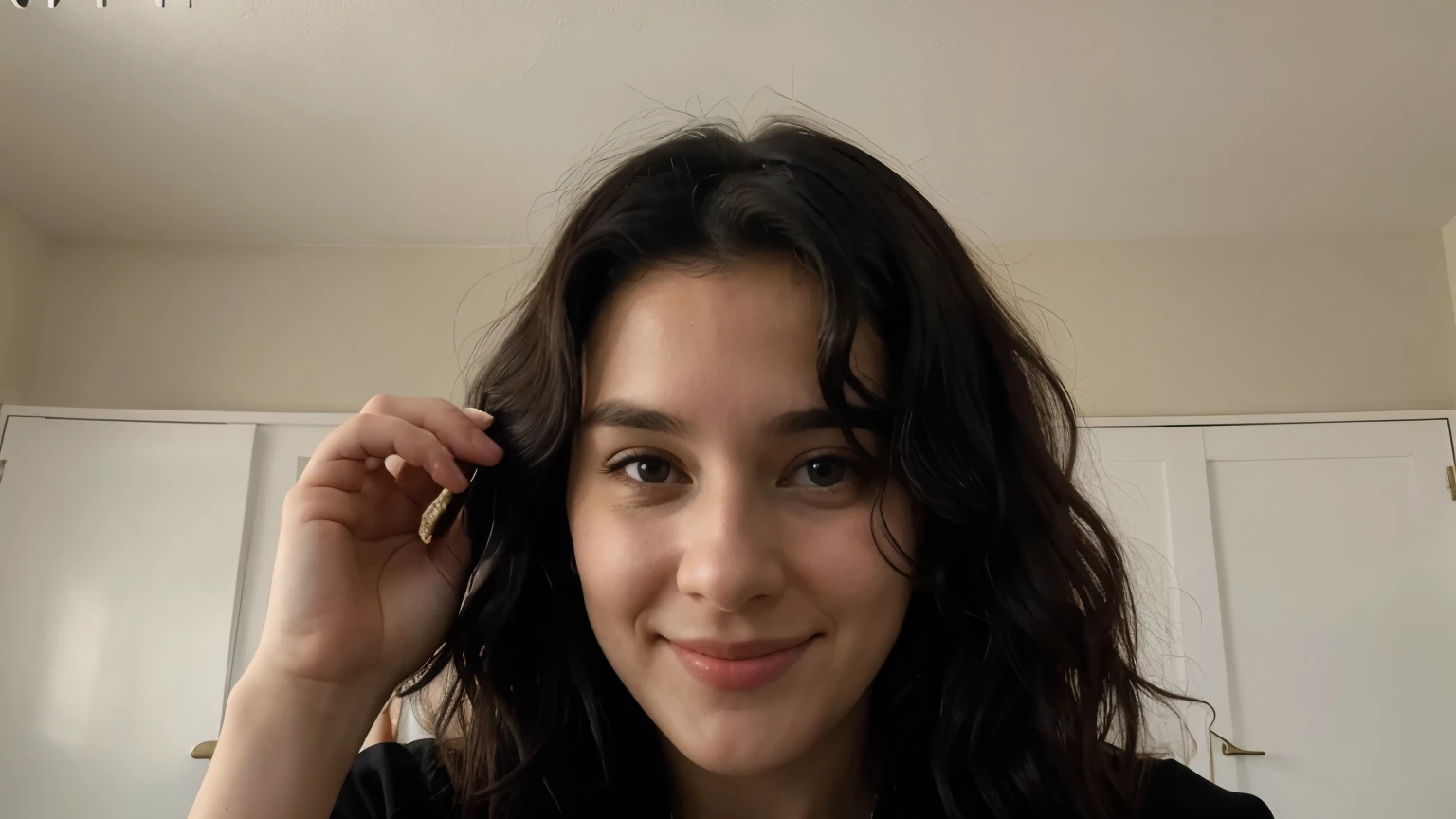 portrait of a cute 28 year old American girl , on a Discord video call, thick wavy black hair, smirking, long eyelashes,
torso, facing viewer, 8k, super detail, best quality, 1080P, 1080P, 1080P, 4K, 8k, 16k, HD, 1080P