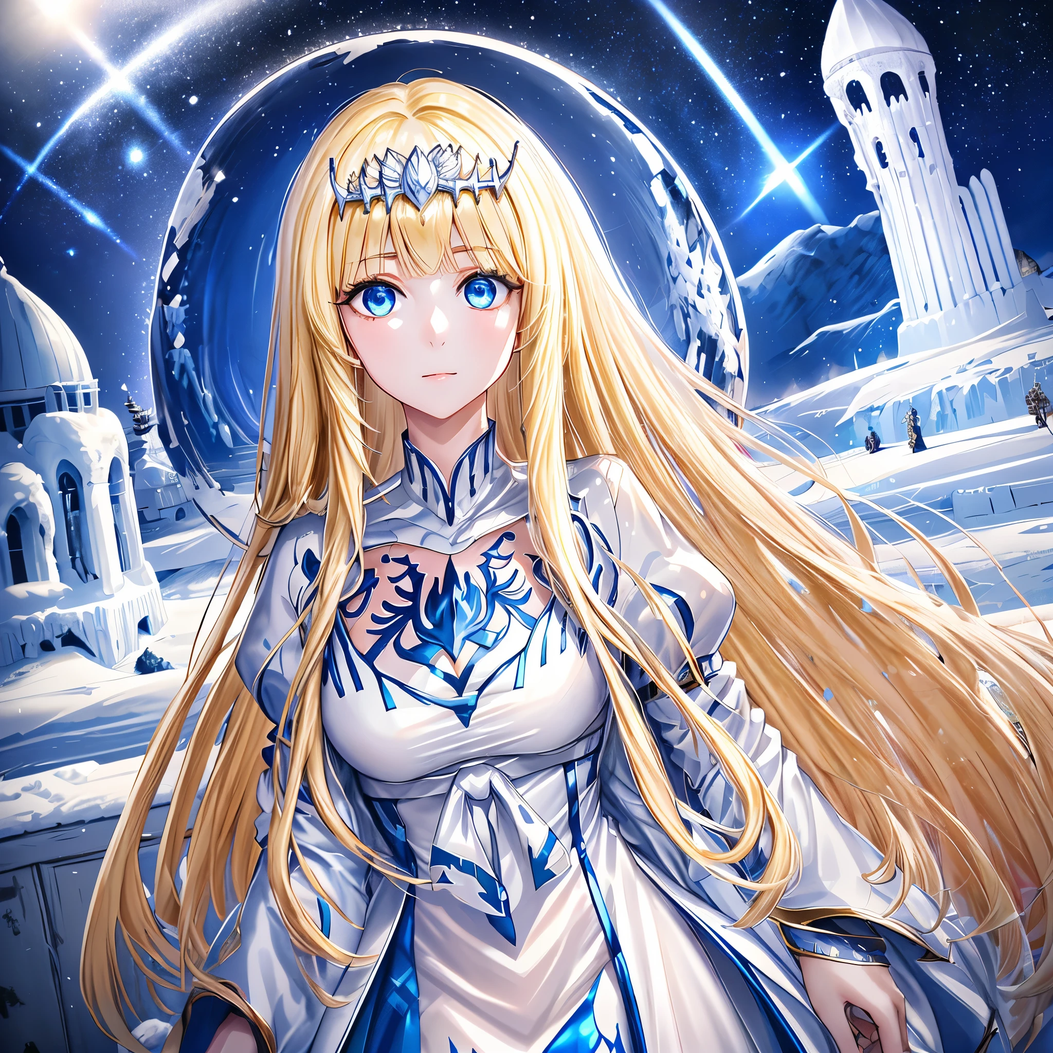 super fine illustration, an extremely cute and beautiful girl, highly detailed beautiful face and eyes, look at viewer, cowboy shot, beautiful long hair, solo, dynamic angle, beautiful detailed dress , ice castle in background, blue tone,  1girl,solo, Calca, Calca Bessarez, blonde hair, extremely long hair, very long hair, white tiara, silver tiara, white dress, blue eyes, medium chest