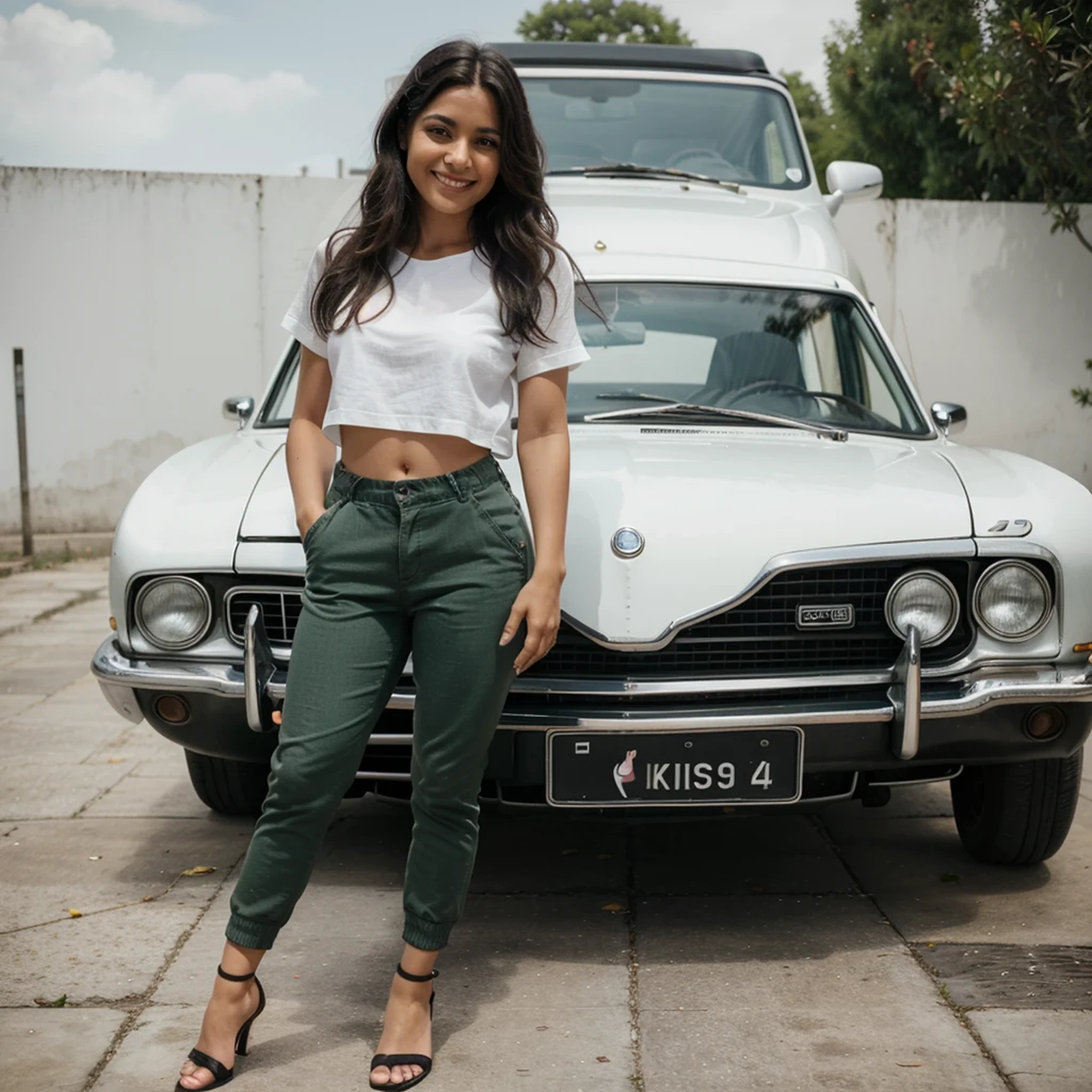 chica,(pelo negro semilargo)(cabello hermoso), Actriz, sonrisa, piel brillante, Mejor calidad, obra maestra, (Fotorrealista:1.4), en carro , Europe, Francia, Paris, pantalon verde y zapatos nike (Pantalla realista), mangas cortas blancas (cotton fabric), (no logo), dedos delgados